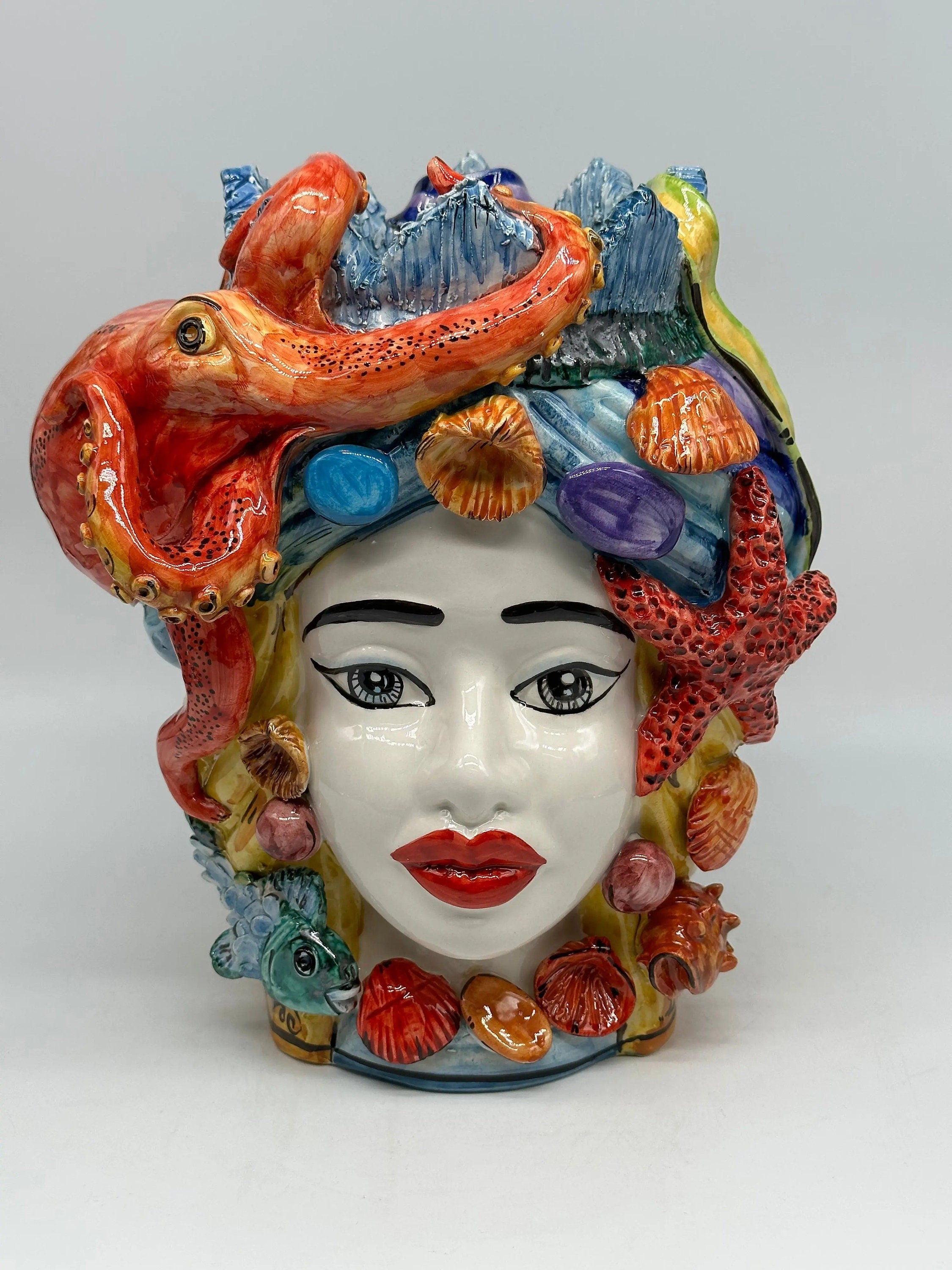 Teste di Moro Nettuno Ceramica Caltagirone cm H.30 L.24 Artigianale Decorazione Siciliana DD CERAMICHE SICILIANE