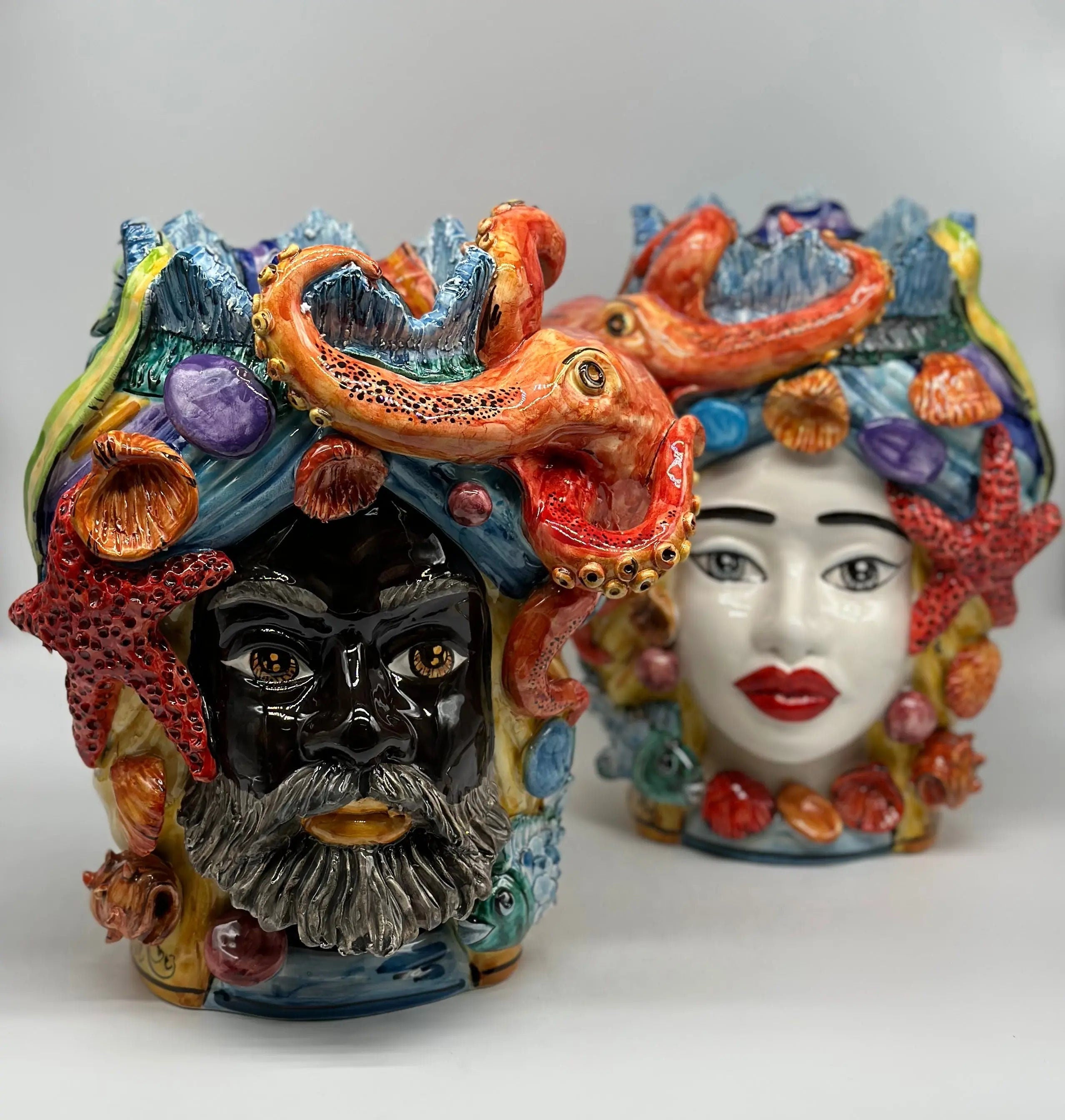 Teste di Moro Nettuno Ceramica Caltagirone cm H.30 L.24 Artigianale Decorazione Siciliana DD CERAMICHE SICILIANE