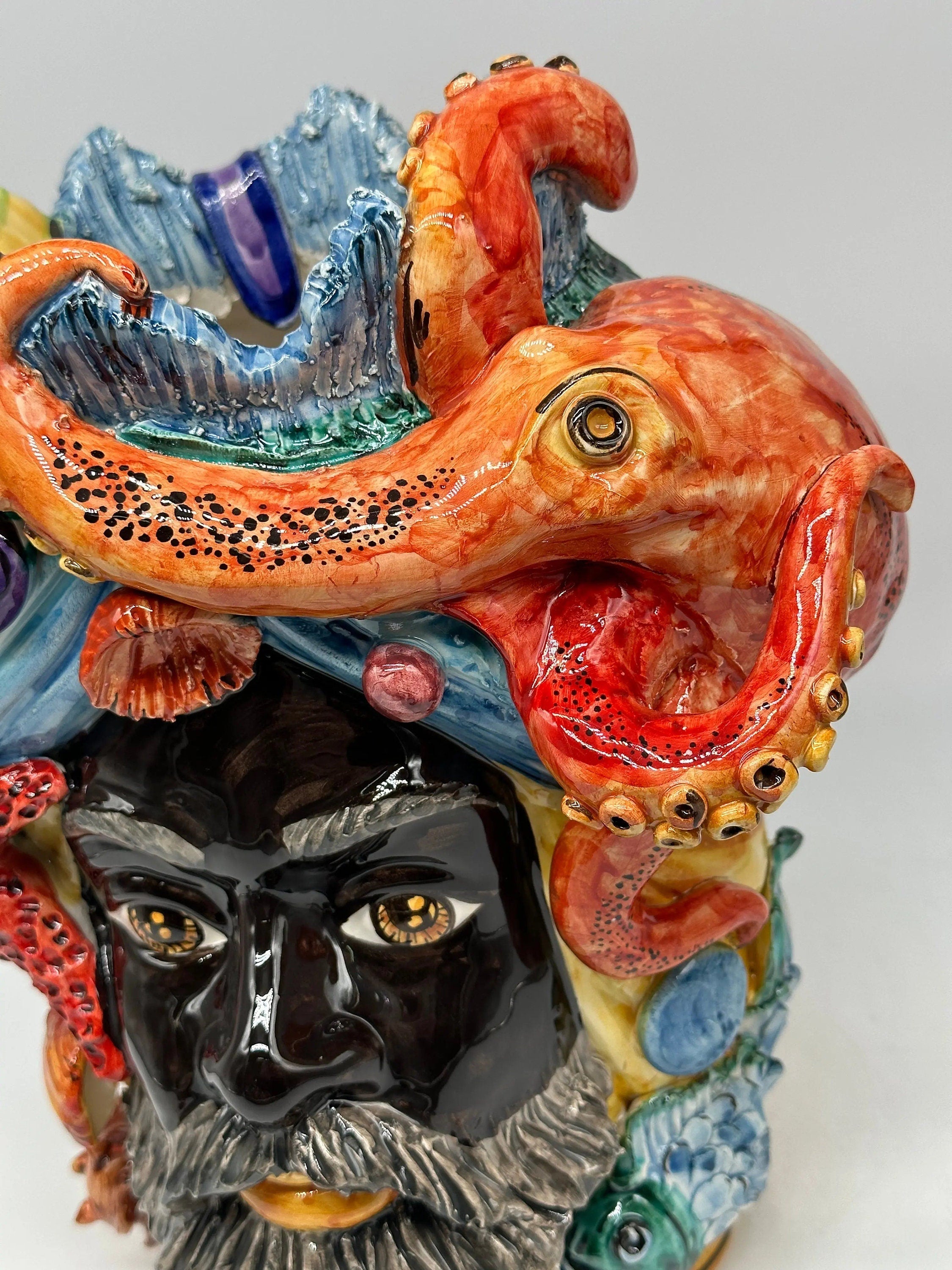 Teste di Moro Nettuno Ceramica Caltagirone cm H.30 L.24 Artigianale Decorazione Siciliana DD CERAMICHE SICILIANE