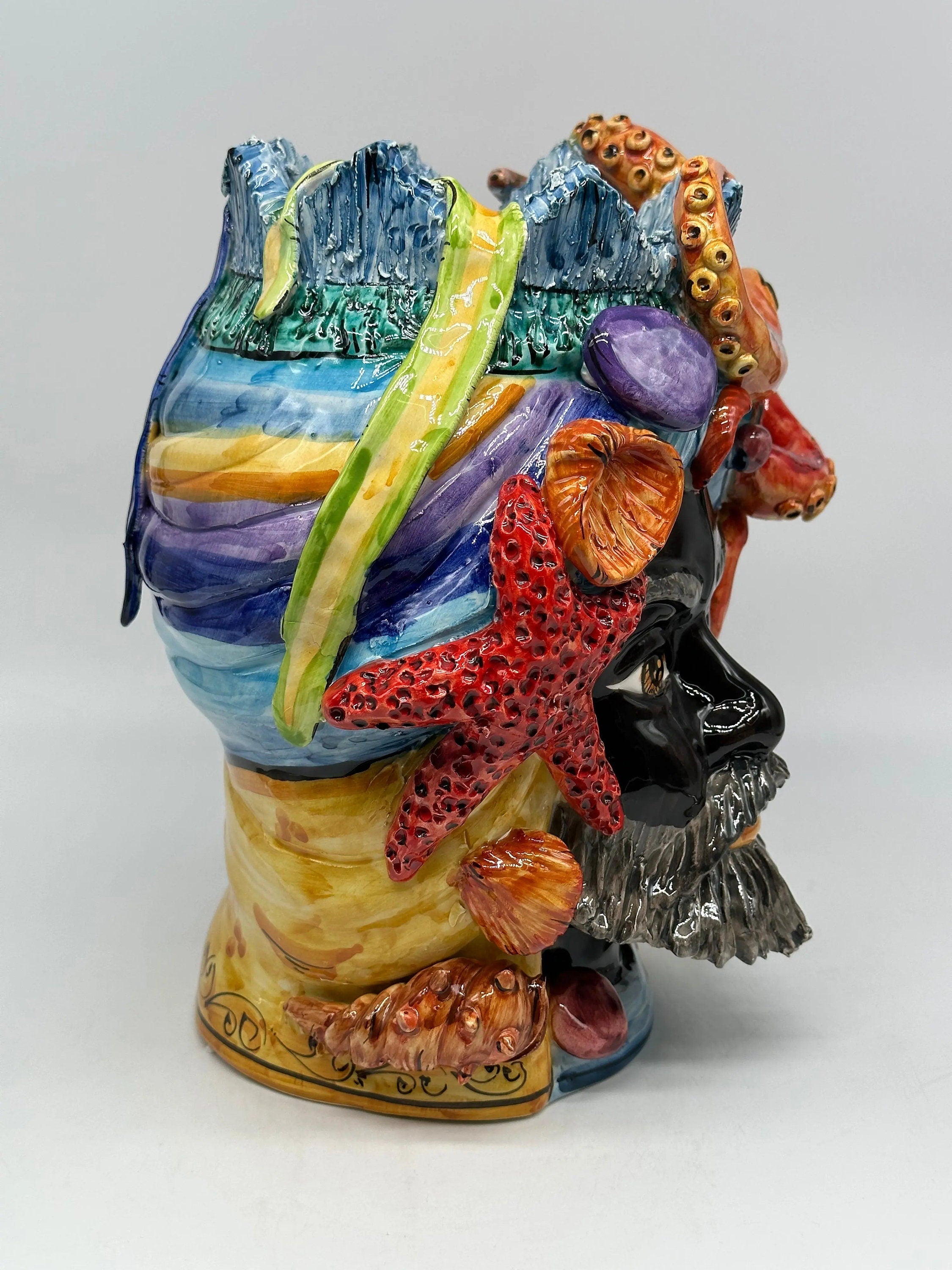 Teste di Moro Nettuno Ceramica Caltagirone cm H.30 L.24 Artigianale Decorazione Siciliana DD CERAMICHE SICILIANE