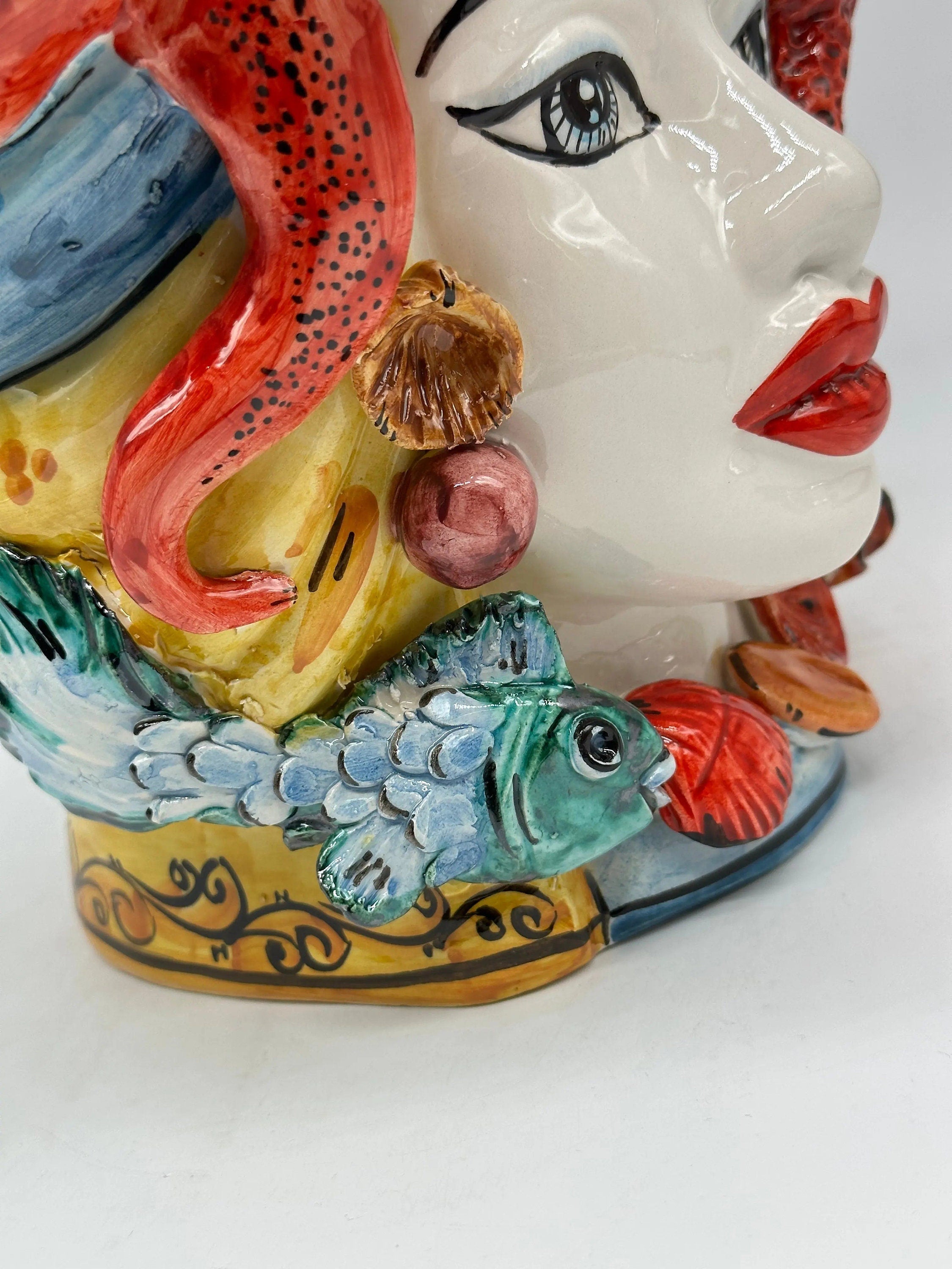 Teste di Moro Nettuno Ceramica Caltagirone cm H.30 L.24 Artigianale Decorazione Siciliana DD CERAMICHE SICILIANE