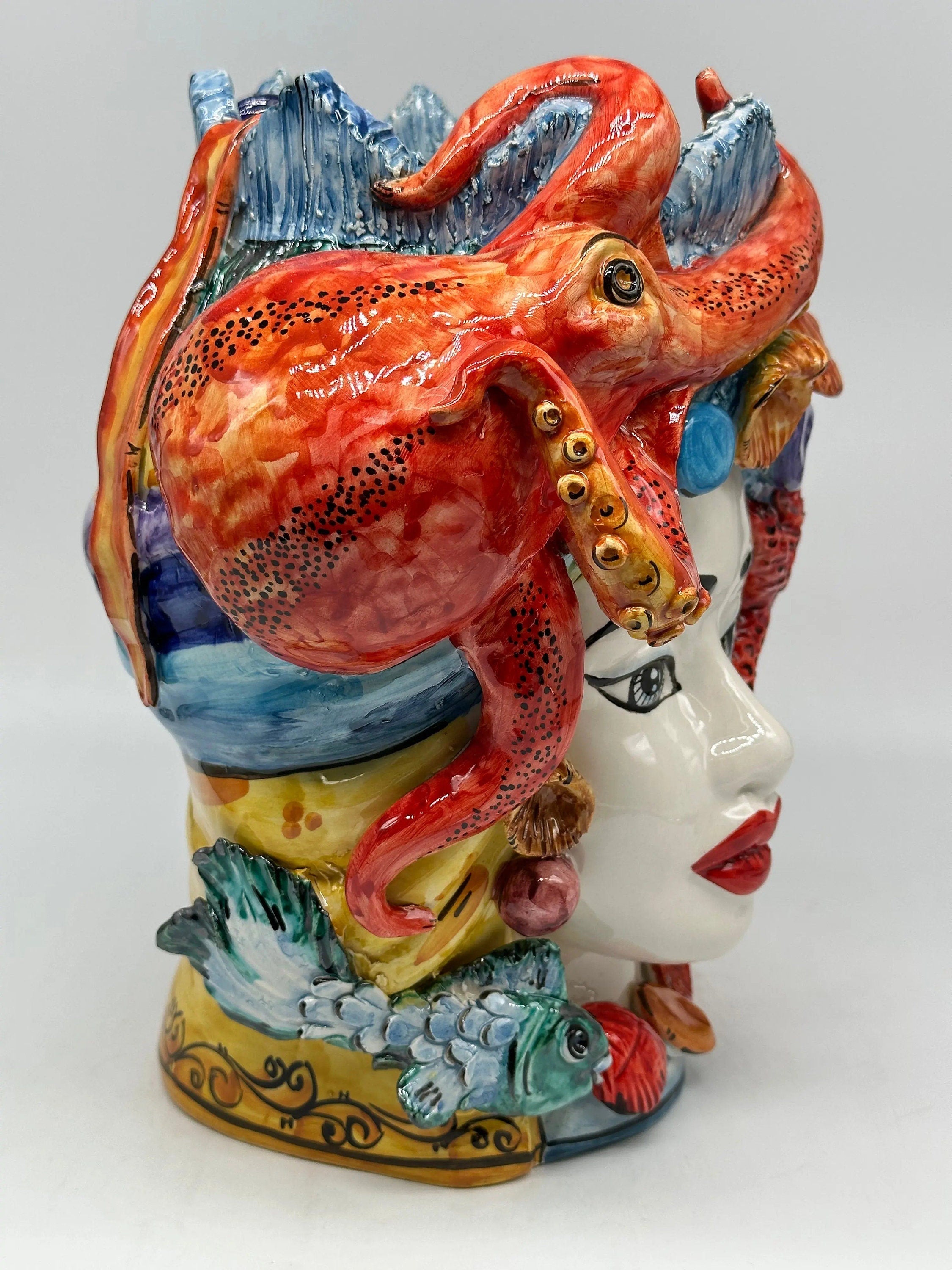 Teste di Moro Nettuno Ceramica Caltagirone cm H.30 L.24 Artigianale Decorazione Siciliana DD CERAMICHE SICILIANE