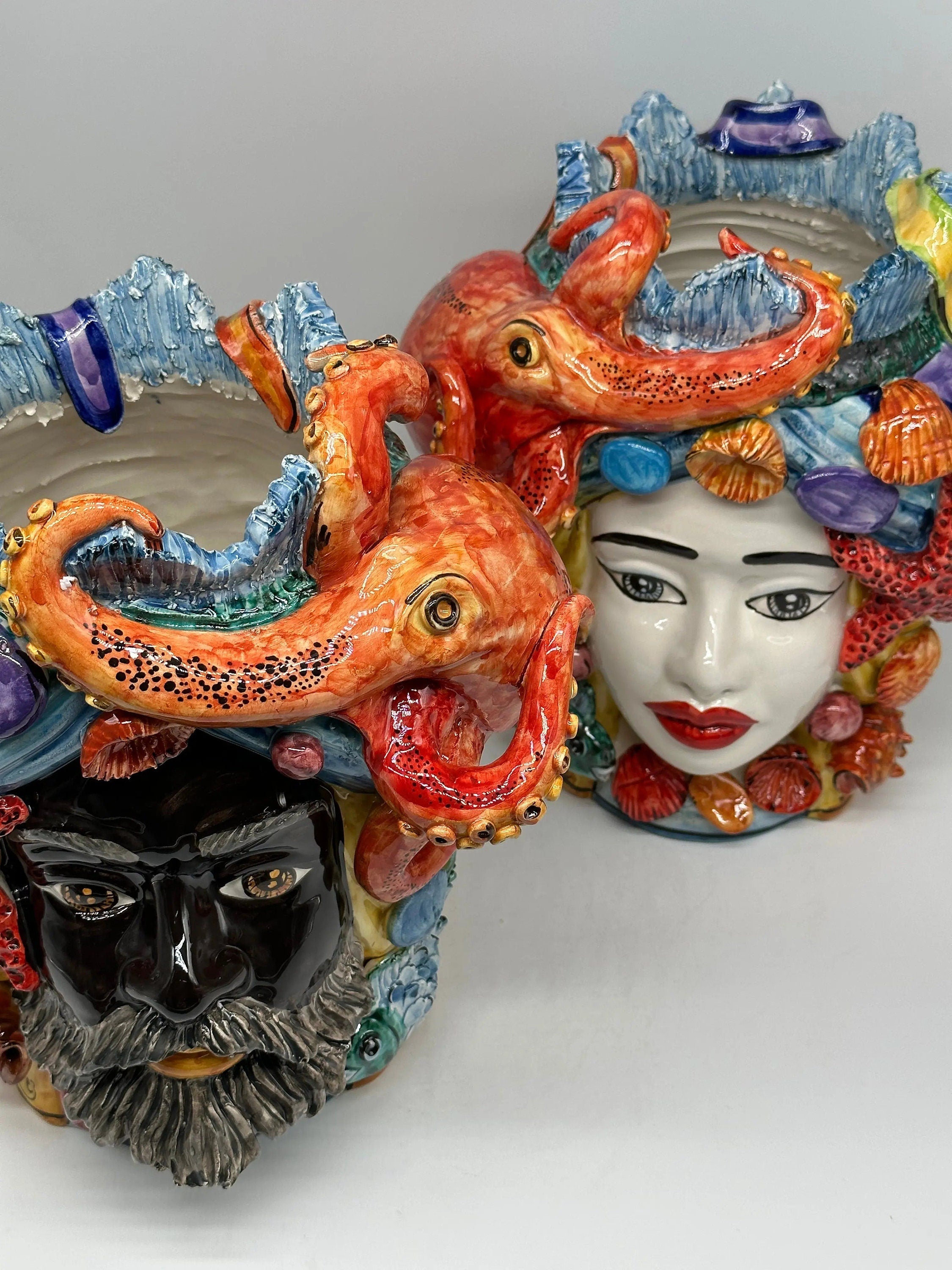 Teste di Moro Nettuno Ceramica Caltagirone cm H.30 L.24 Artigianale Decorazione Siciliana DD CERAMICHE SICILIANE