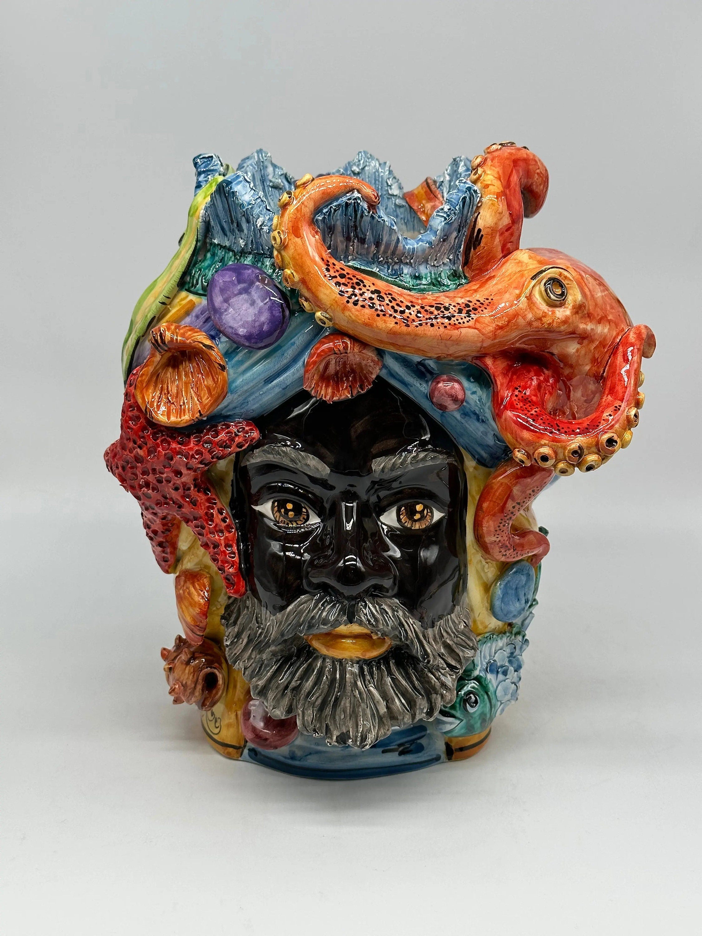 Teste di Moro Nettuno Ceramica Caltagirone cm H.30 L.24 Artigianale Decorazione Siciliana DD CERAMICHE SICILIANE