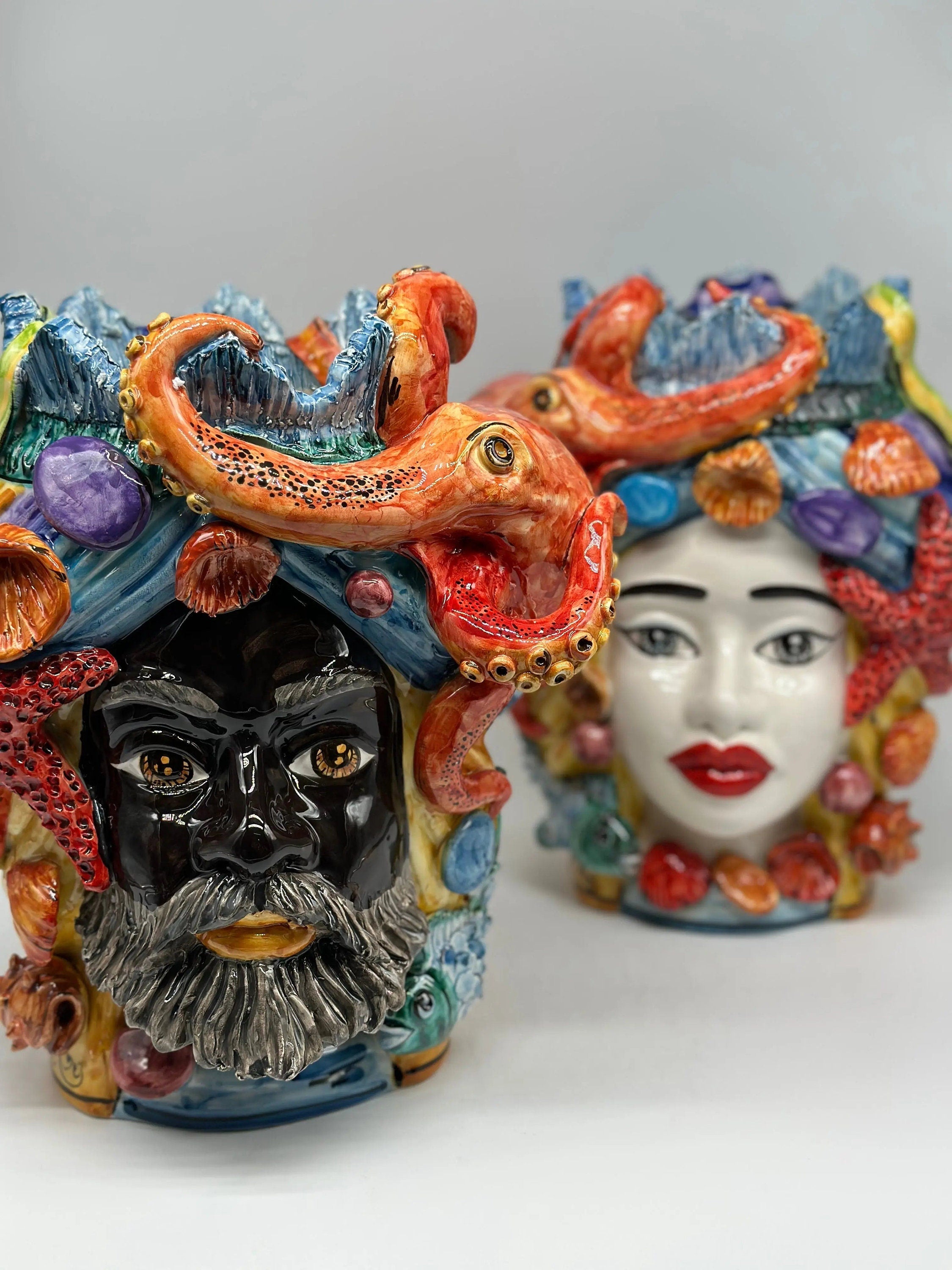 Teste di Moro Nettuno Ceramica Caltagirone cm H.30 L.24 Artigianale Decorazione Siciliana DD CERAMICHE SICILIANE