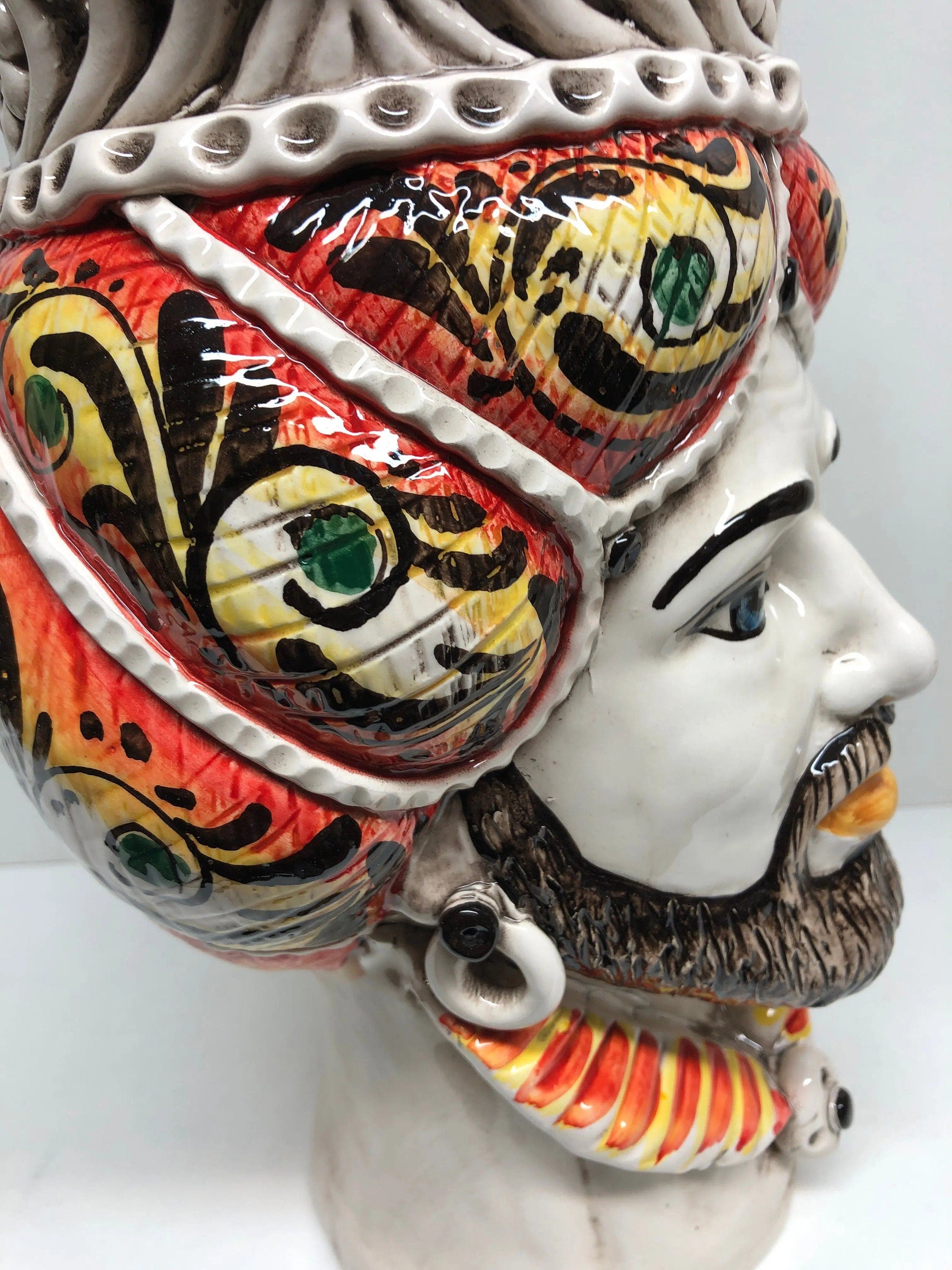 Teste di Moro Normanna Ceramica Caltagirone Linea cm H.30 L.19 Artigianale Giallo Arancione DD CERAMICHE SICILIANE