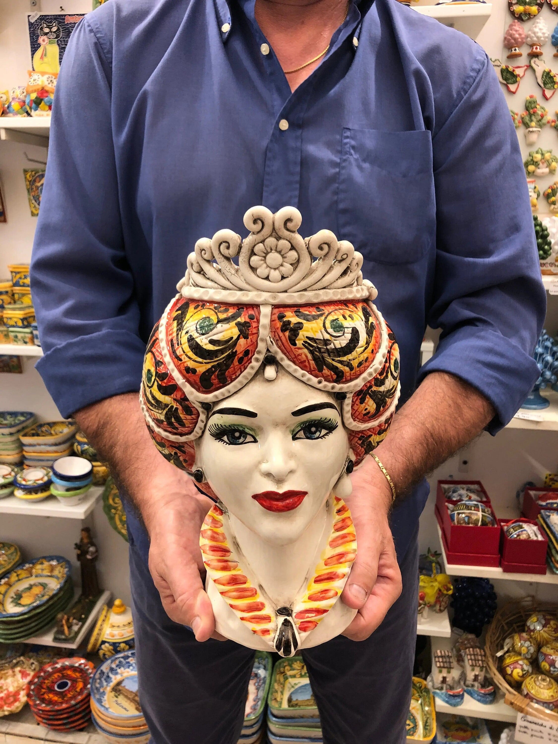 Teste di Moro Normanna Ceramica Caltagirone Linea cm H.30 L.19 Artigianale Giallo Arancione DD CERAMICHE SICILIANE