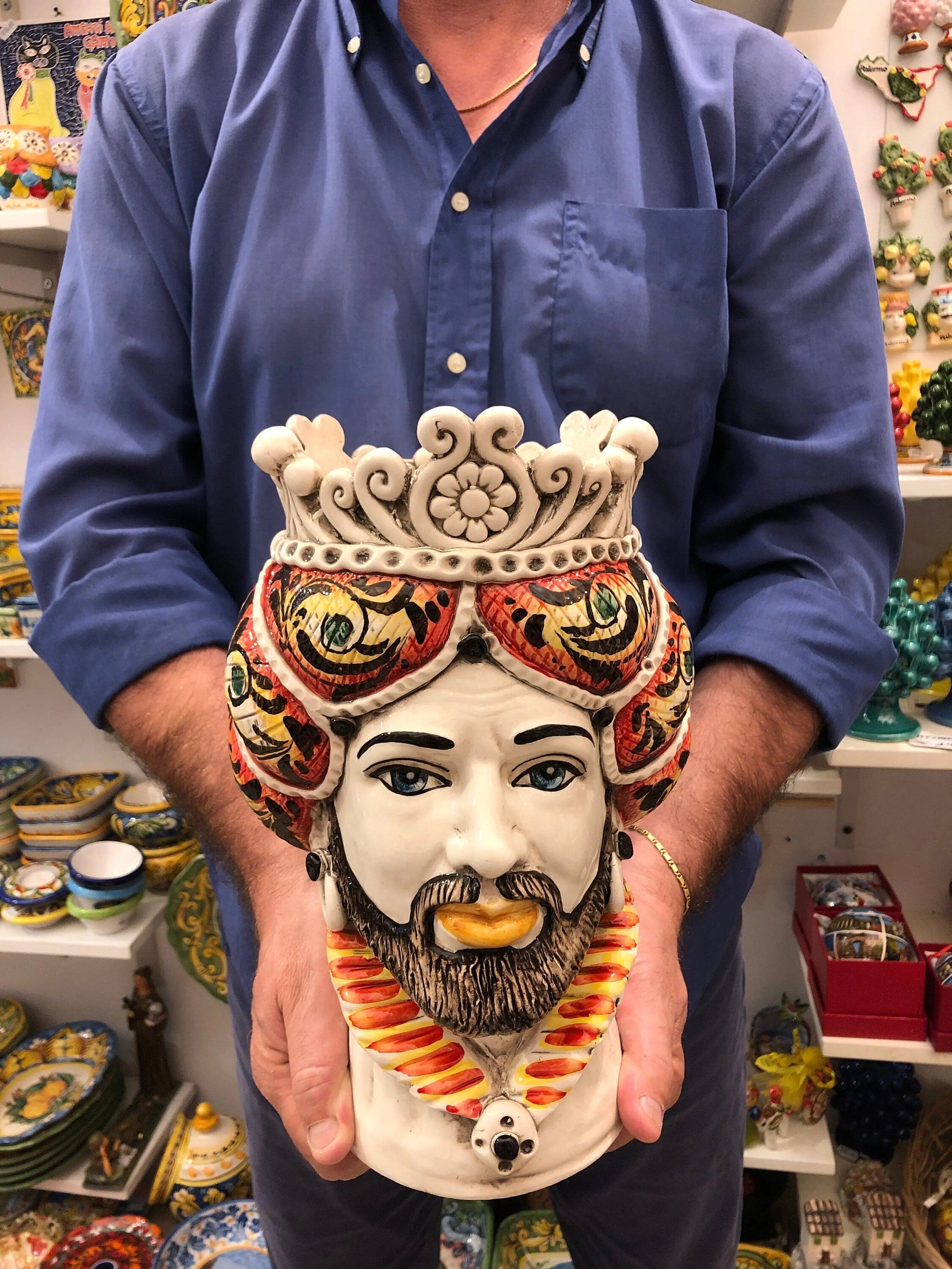 Teste di Moro Normanna Ceramica Caltagirone Linea cm H.30 L.19 Artigianale Giallo Arancione DD CERAMICHE SICILIANE