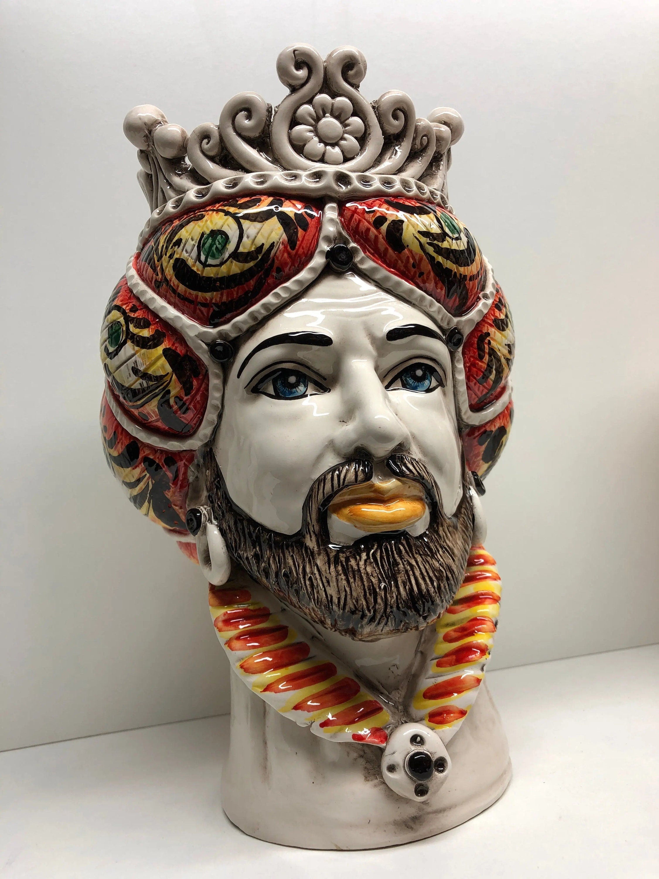 Teste di Moro Normanna Ceramica Caltagirone Linea cm H.30 L.19 Artigianale Giallo Arancione DD CERAMICHE SICILIANE