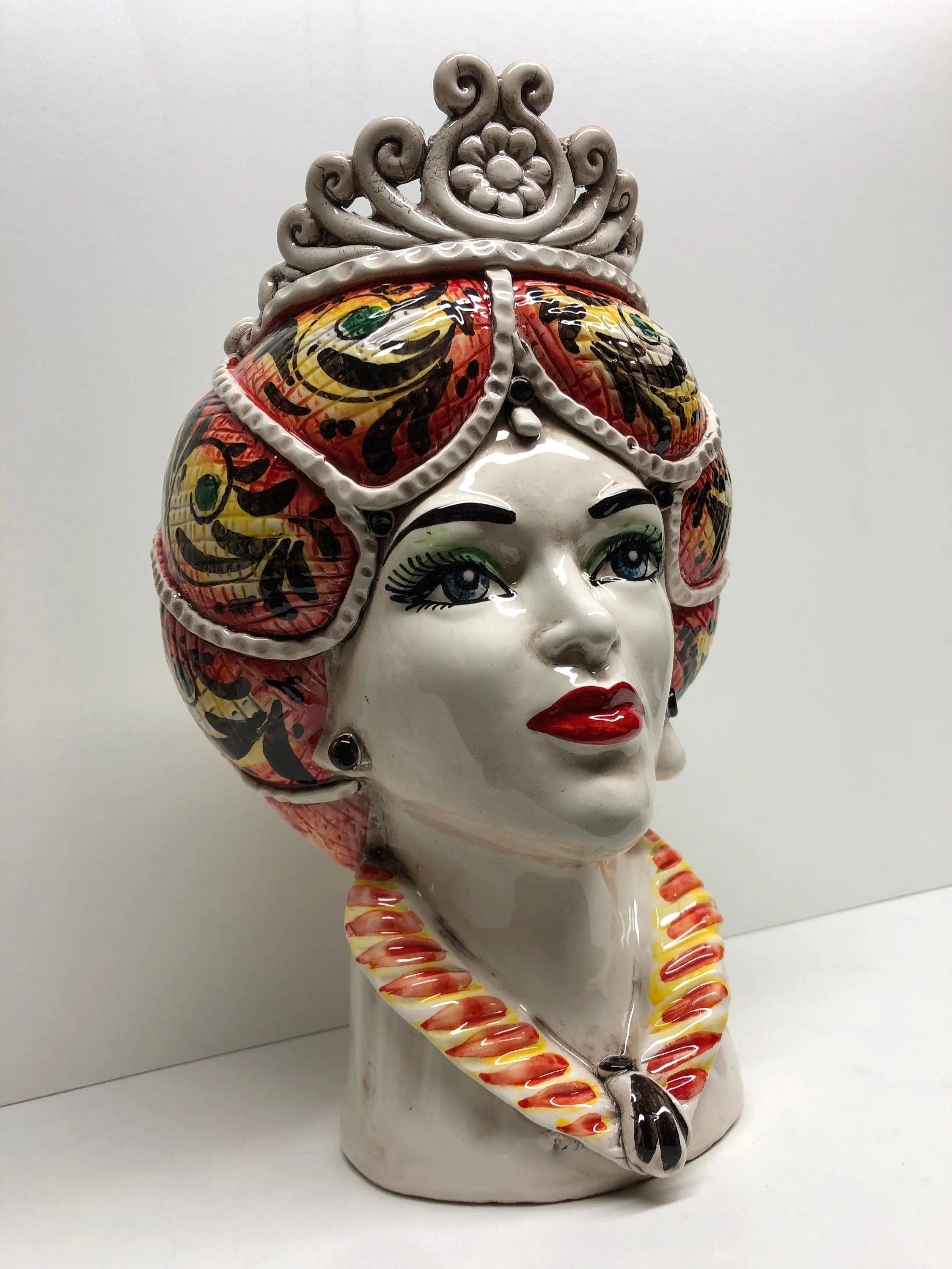 Teste di Moro Normanna Ceramica Caltagirone Linea cm H.30 L.19 Artigianale Giallo Arancione DD CERAMICHE SICILIANE