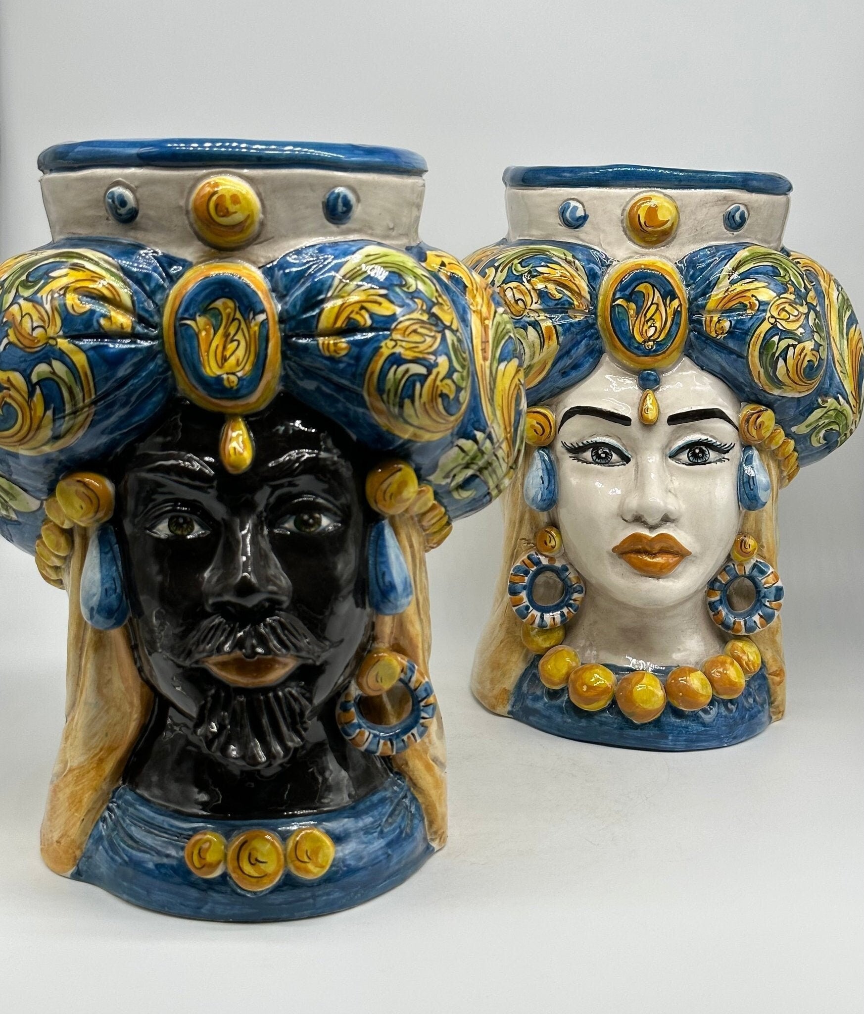 Teste di Moro Persia Ceramica Caltagirone cm H.30 L.22 Artigianale Decorazione Barocco Blu - DD CERAMICHE SICILIANE