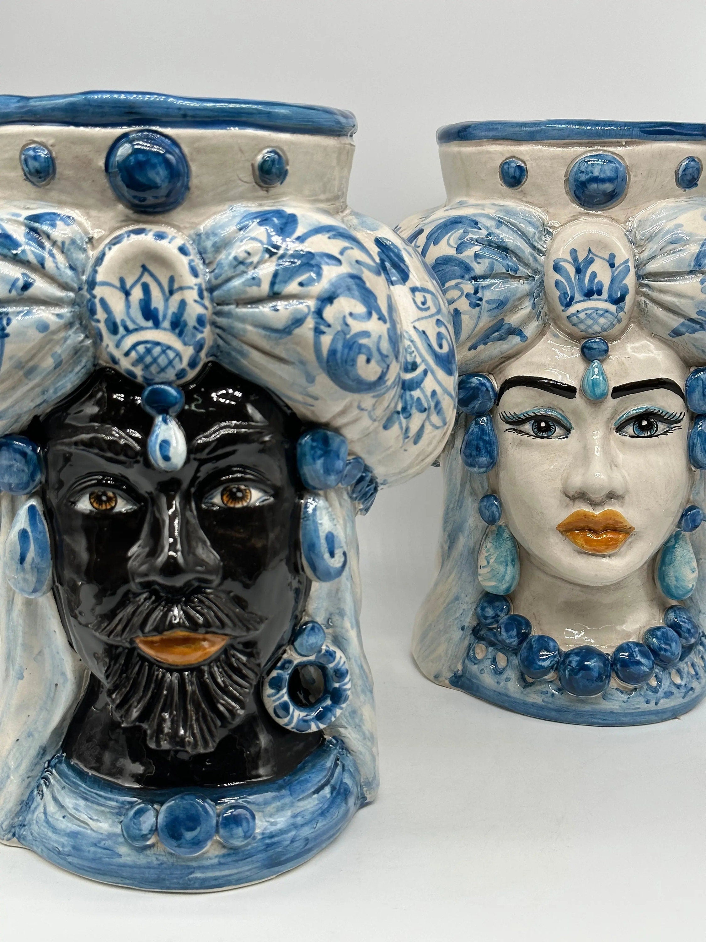Teste di Moro Persia Ceramica Caltagirone cm H.30 L.22 Artigianale Decorazione Barocco Blu DD CERAMICHE SICILIANE