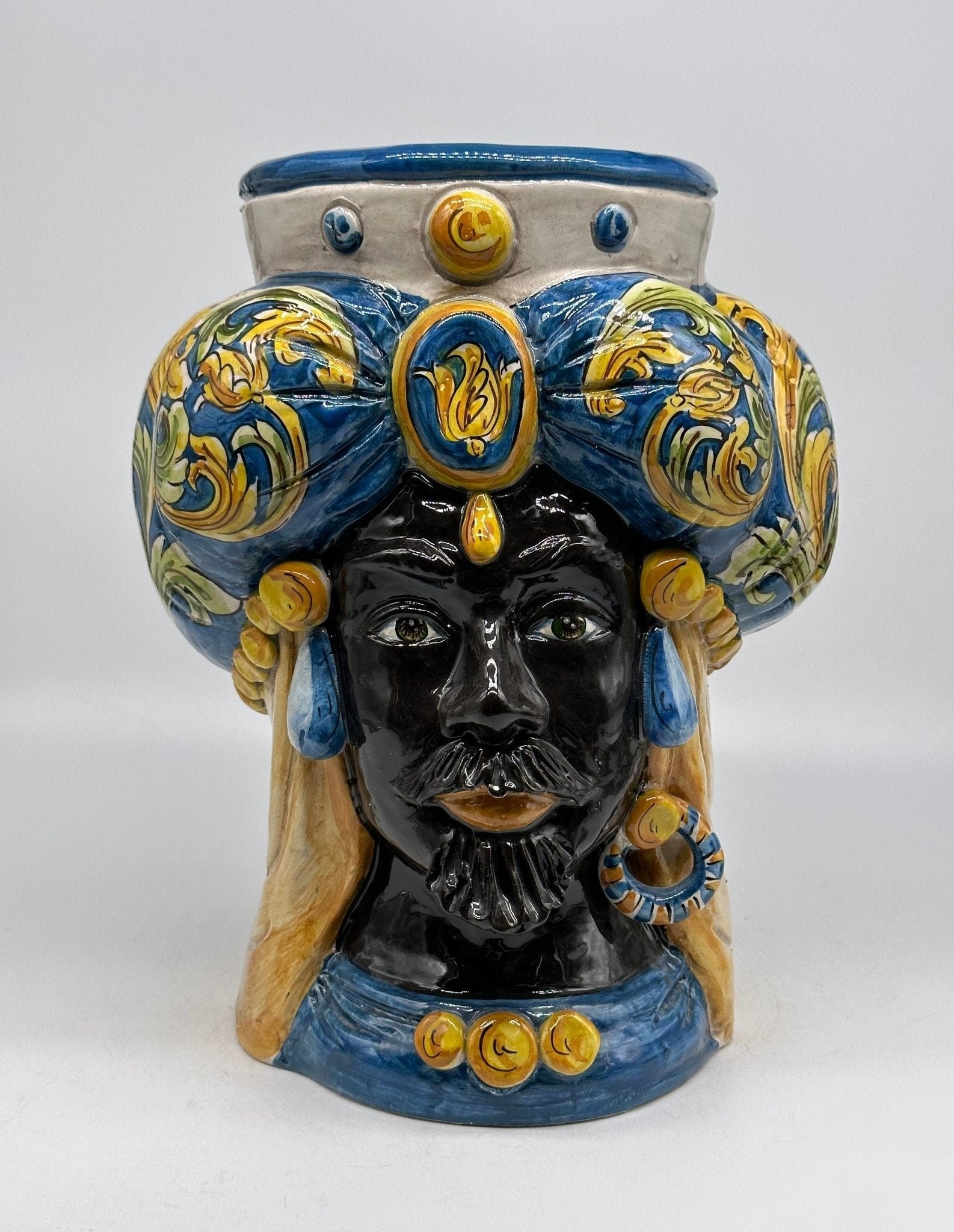 Teste di Moro Persia Ceramica Caltagirone cm H.30 L.22 Artigianale Decorazione Barocco Blu - DD CERAMICHE SICILIANE