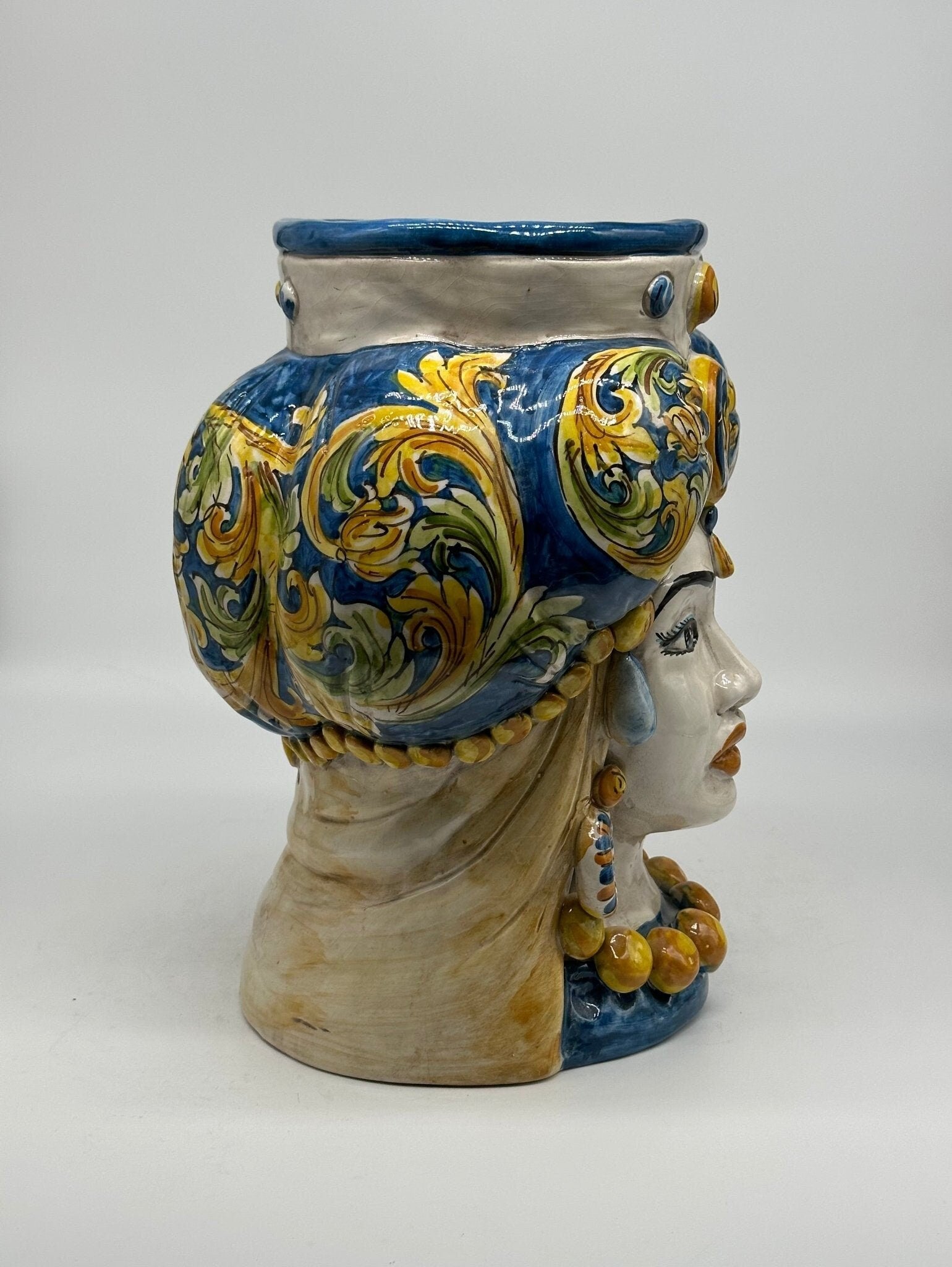 Teste di Moro Persia Ceramica Caltagirone cm H.30 L.22 Artigianale Decorazione Barocco Blu - DD CERAMICHE SICILIANE
