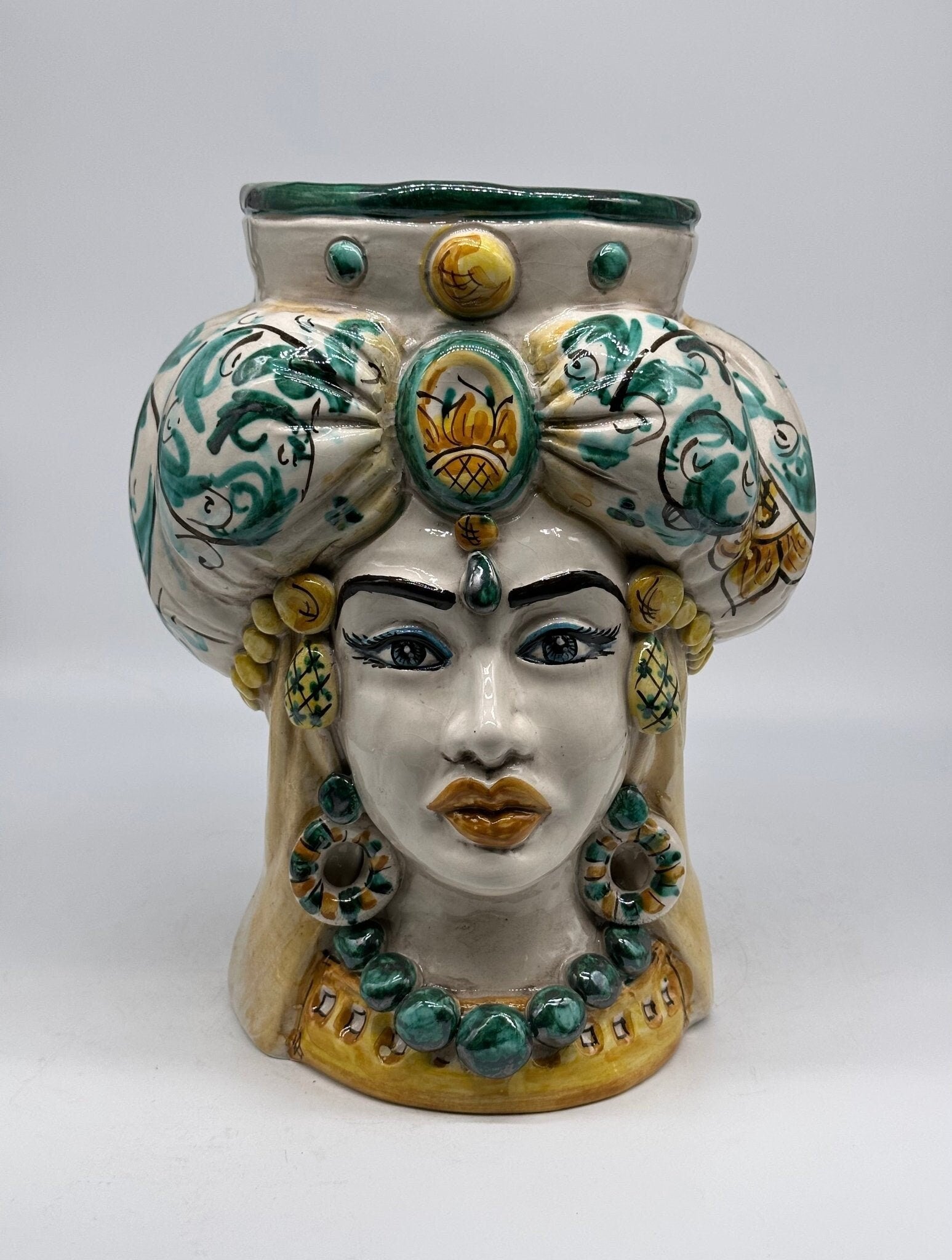 Teste di Moro Persia Ceramica Caltagirone cm H.30 L.22 Artigianale Decorazione Barocco Verde - DD CERAMICHE SICILIANE