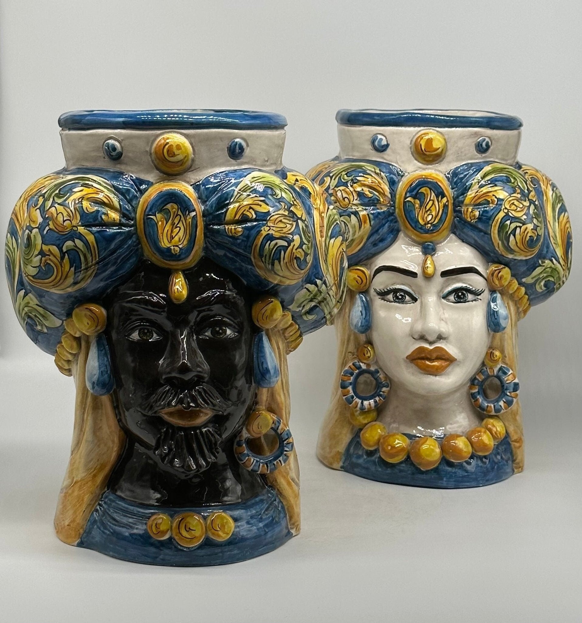 Teste di Moro Persia Ceramica Caltagirone cm H.30 L.22 Artigianale Decorazione Barocco Blu - DD CERAMICHE SICILIANE