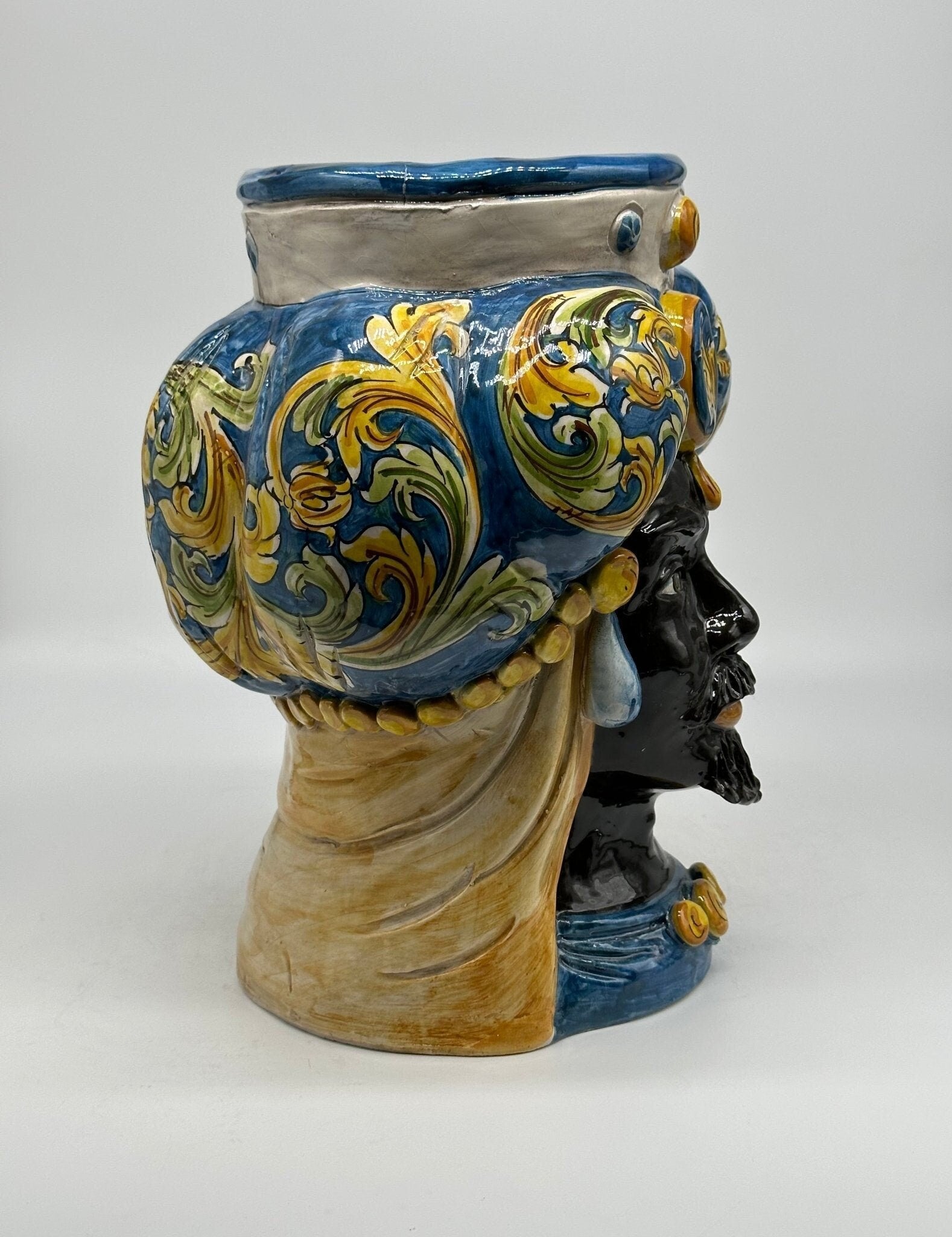 Teste di Moro Persia Ceramica Caltagirone cm H.30 L.22 Artigianale Decorazione Barocco Blu - DD CERAMICHE SICILIANE