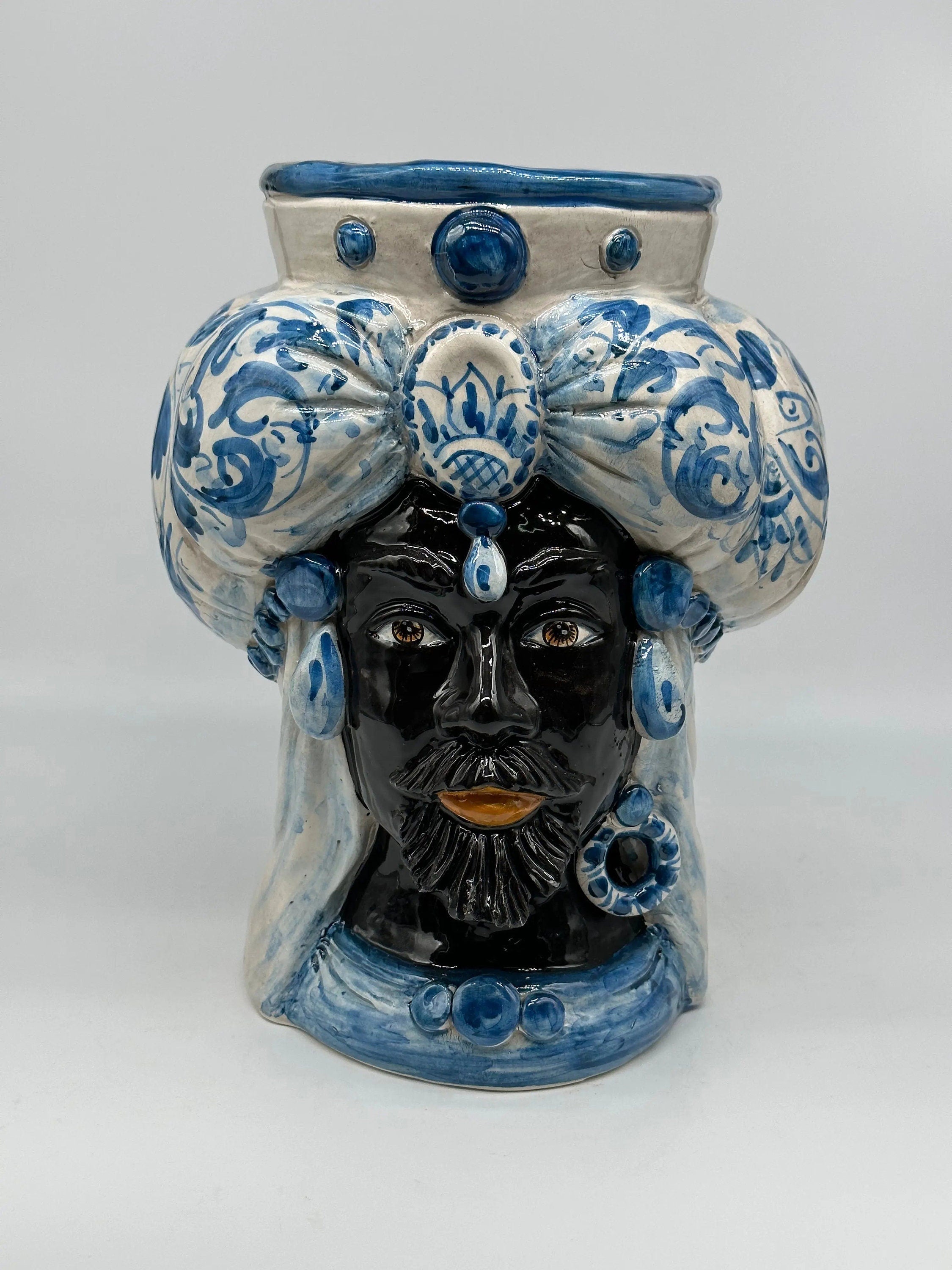 Teste di Moro Persia Ceramica Caltagirone cm H.30 L.22 Artigianale Decorazione Barocco Blu DD CERAMICHE SICILIANE