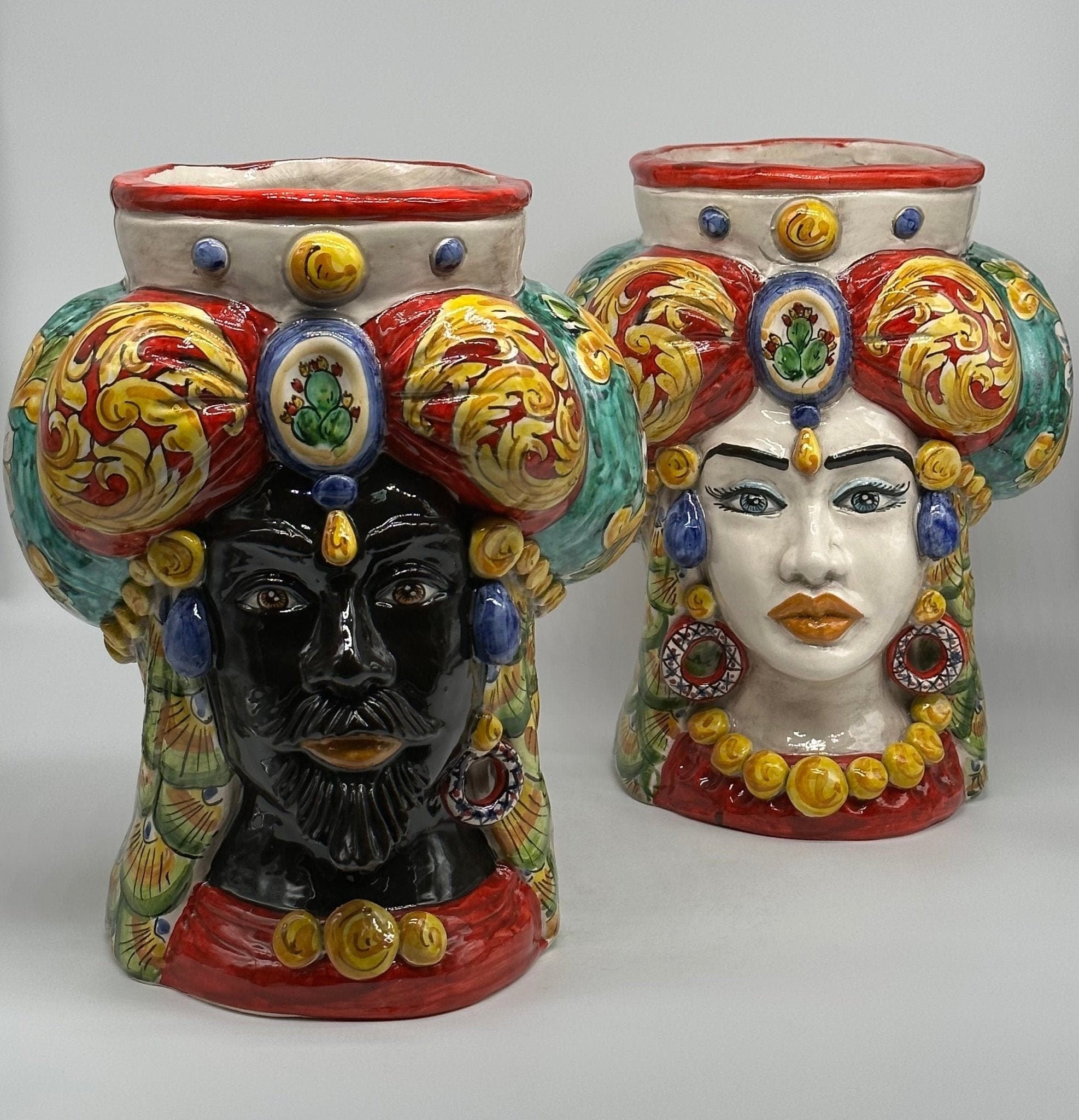 Teste di Moro Persia Ceramica Caltagirone cm H.30 L.22 Artigianale Decorazione “Carretto” - DD CERAMICHE SICILIANE