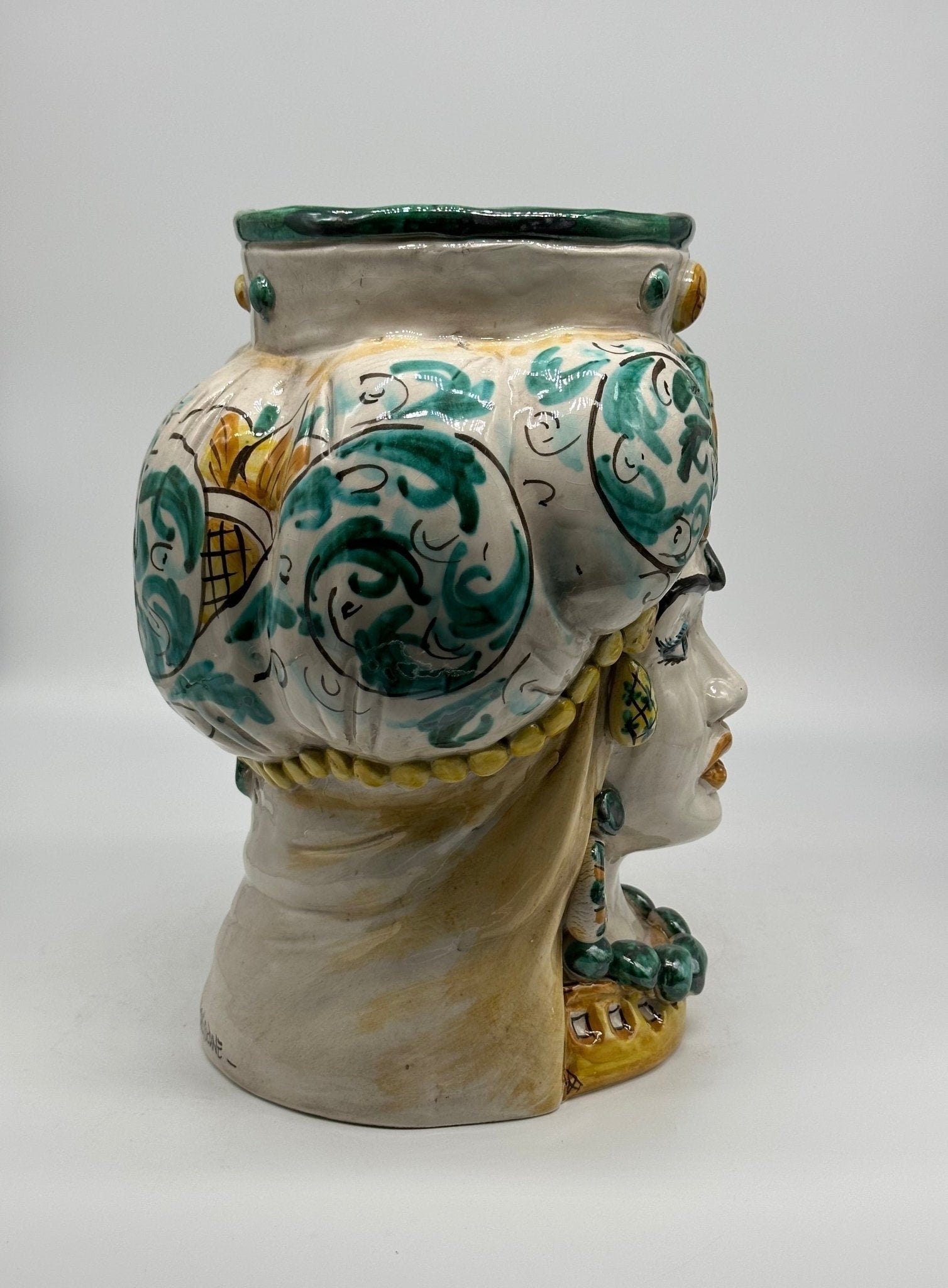 Teste di Moro Persia Ceramica Caltagirone cm H.30 L.22 Artigianale Decorazione Barocco Verde - DD CERAMICHE SICILIANE