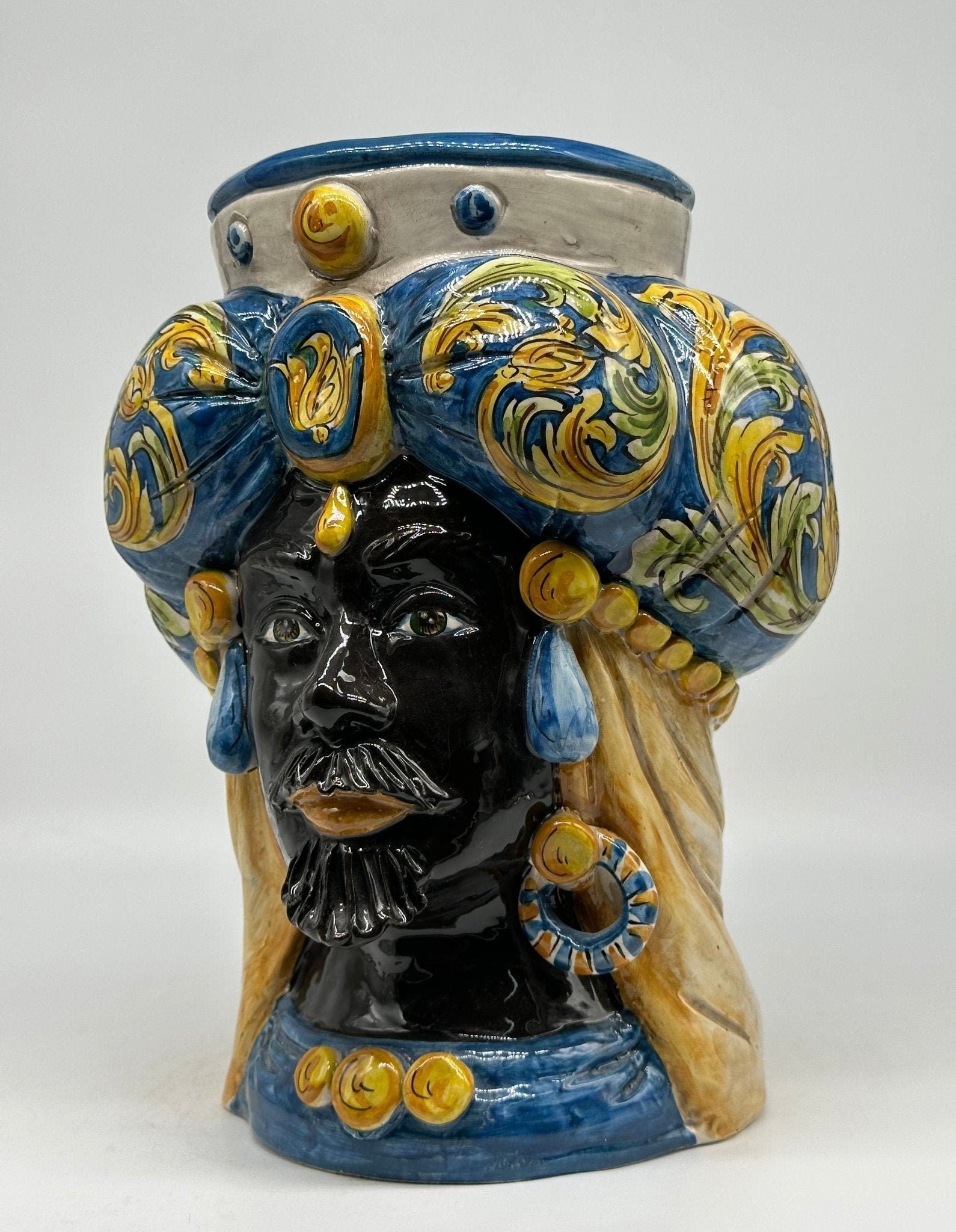 Teste di Moro Persia Ceramica Caltagirone cm H.30 L.22 Artigianale Decorazione Barocco Blu - DD CERAMICHE SICILIANE