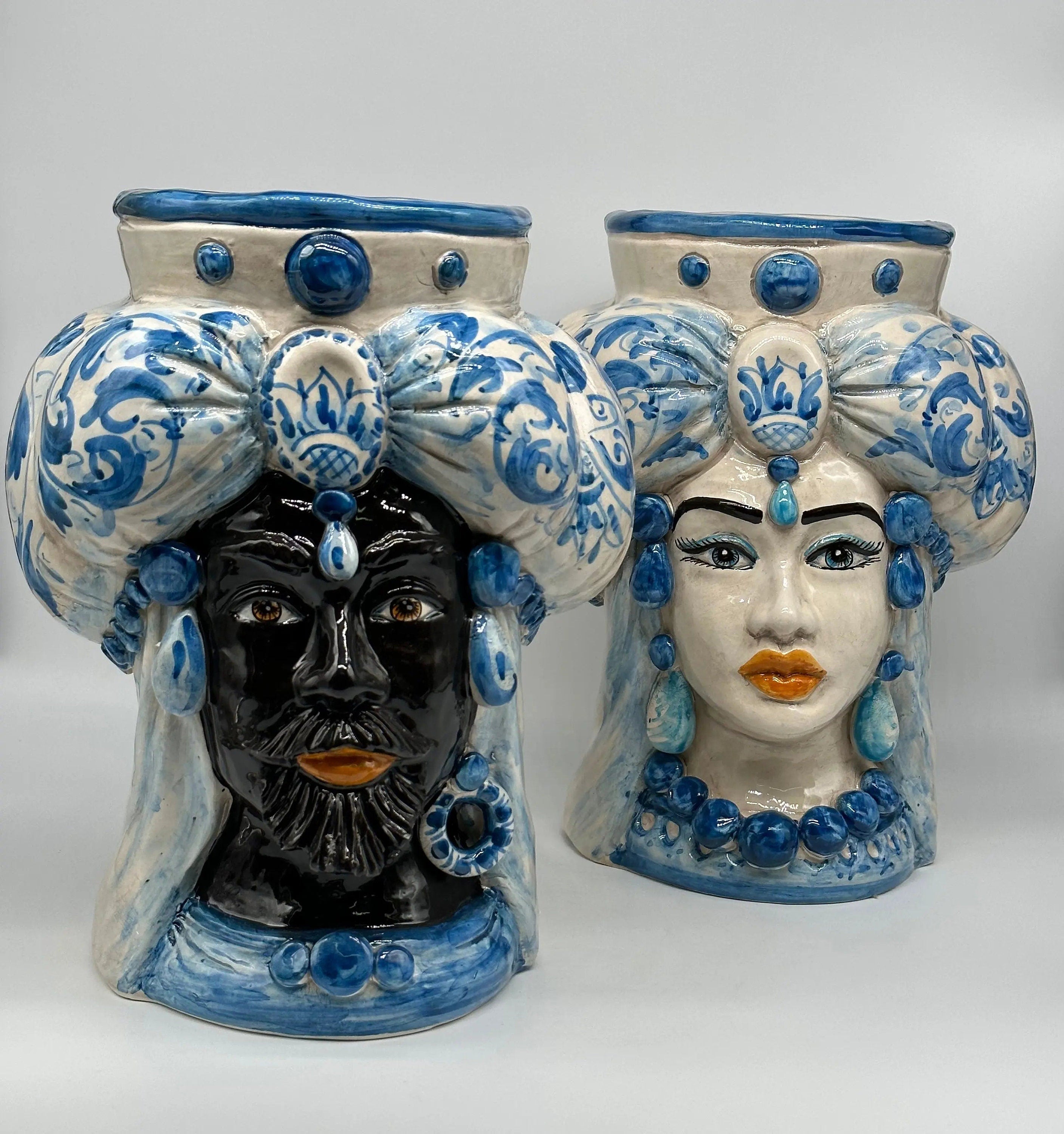 Teste di Moro Persia Ceramica Caltagirone cm H.30 L.22 Artigianale Decorazione Barocco Blu DD CERAMICHE SICILIANE