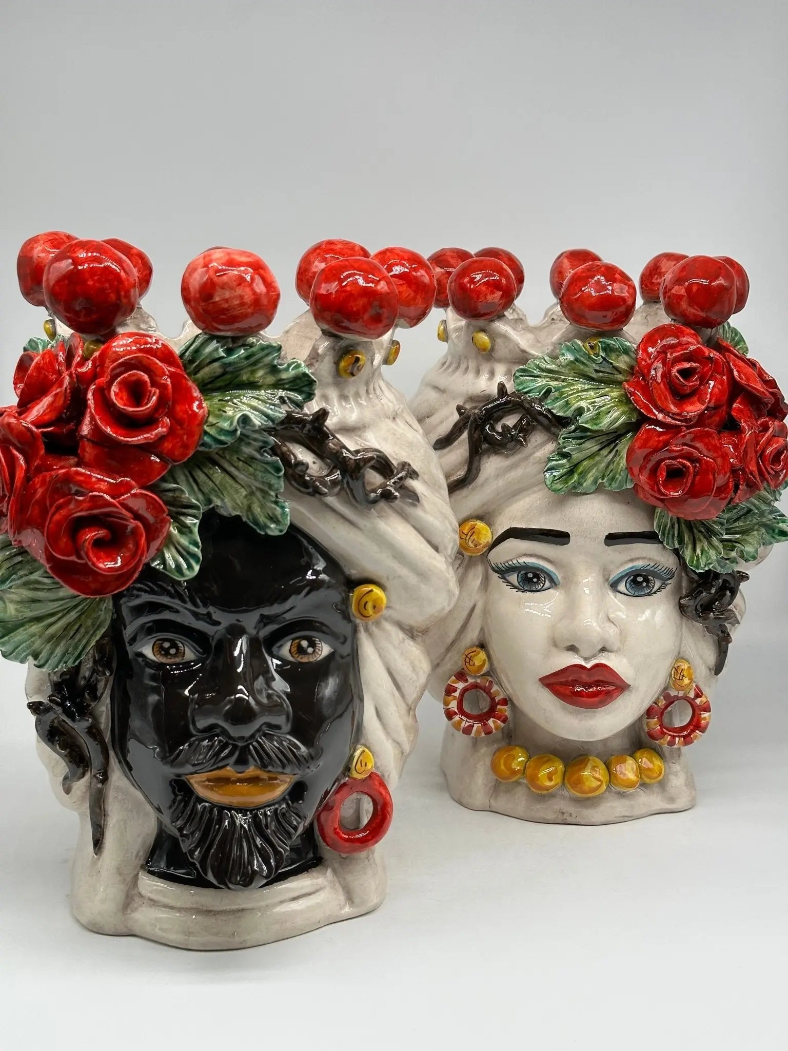 Teste di Moro Rose Rosse Ceramica Caltagirone cm H.30 L.23 Artigianale - TESTA DI MORO