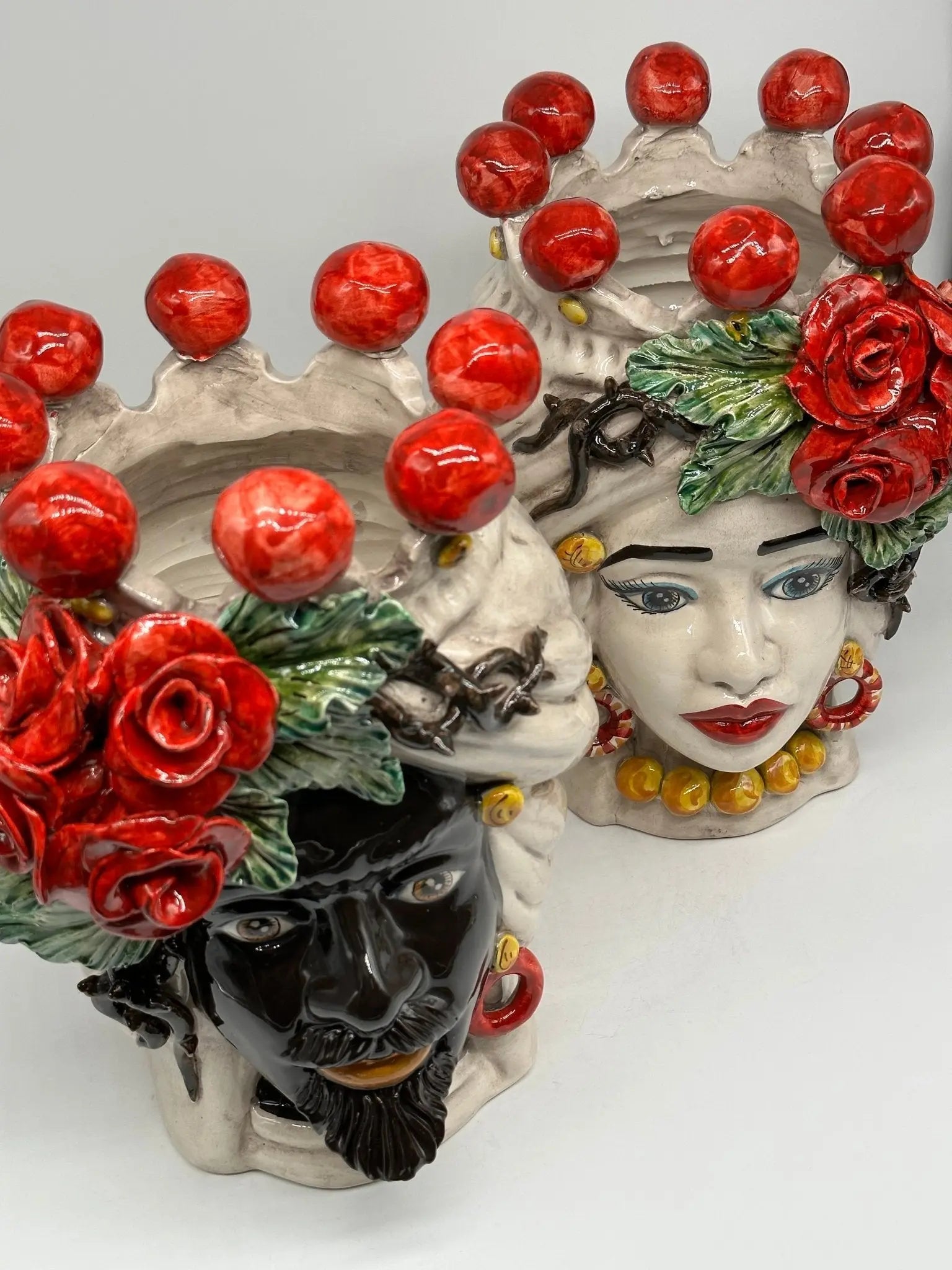 Teste di Moro Rose Rosse Ceramica Caltagirone cm H.30 L.23 Artigianale - TESTA DI MORO