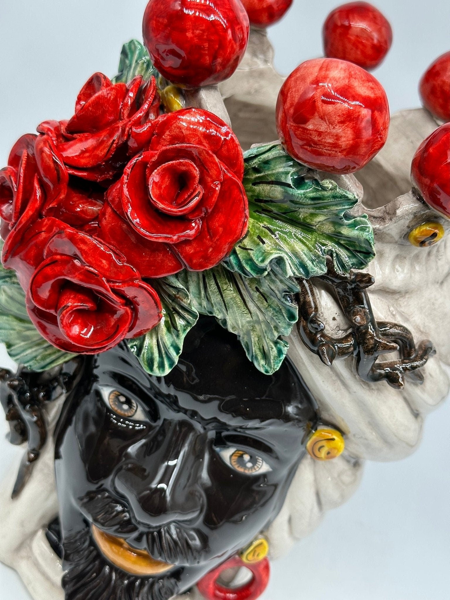 Teste di Moro Rose Rosse Ceramica Caltagirone cm H.30 L.23 Artigianale - DD CERAMICHE SICILIANE