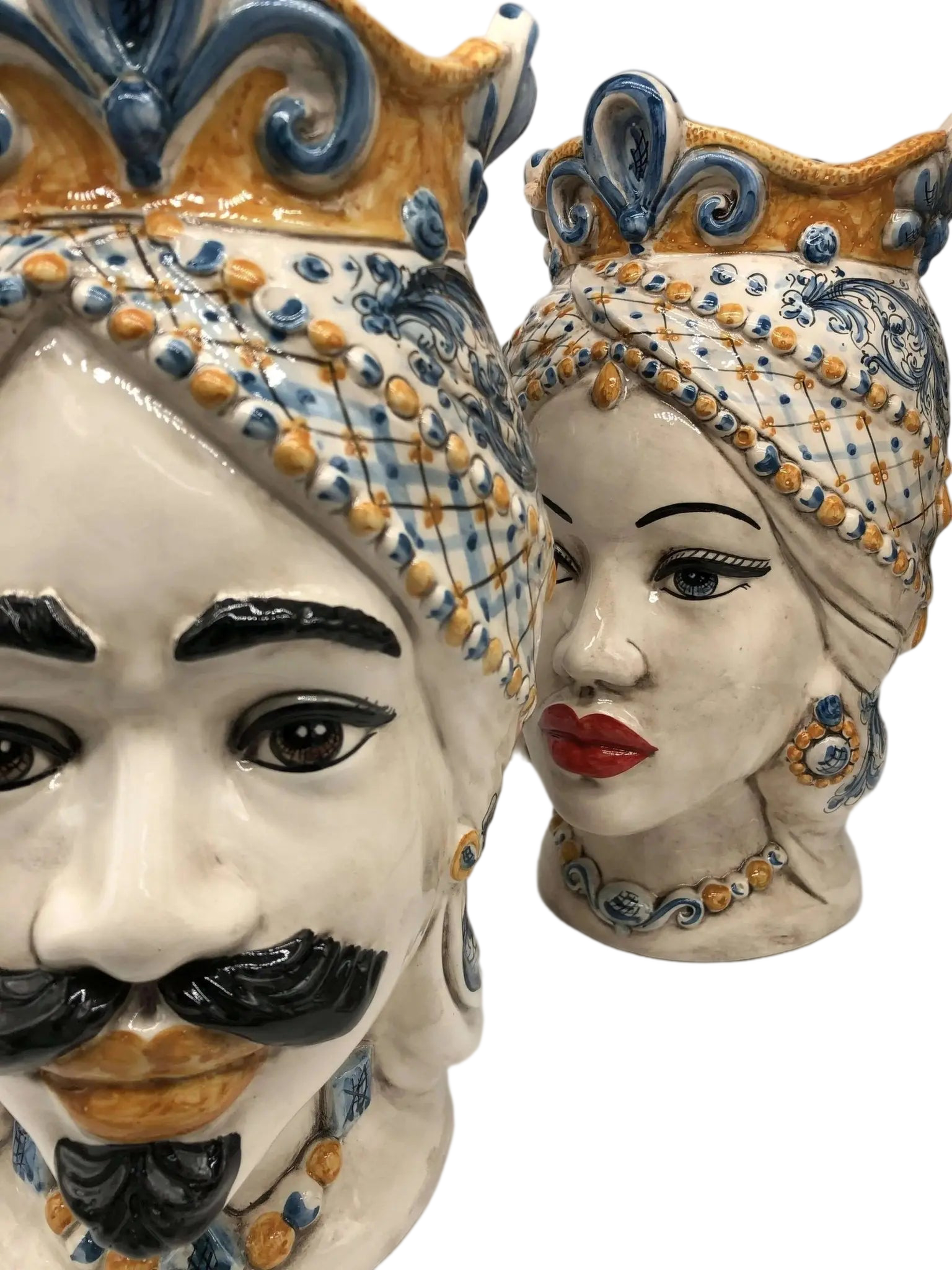 Teste di Moro Saturno Ceramica Caltagirone cm H.37 L.22 Artigianale Barocco Ocra Blu - DD CERAMICHE SICILIANE