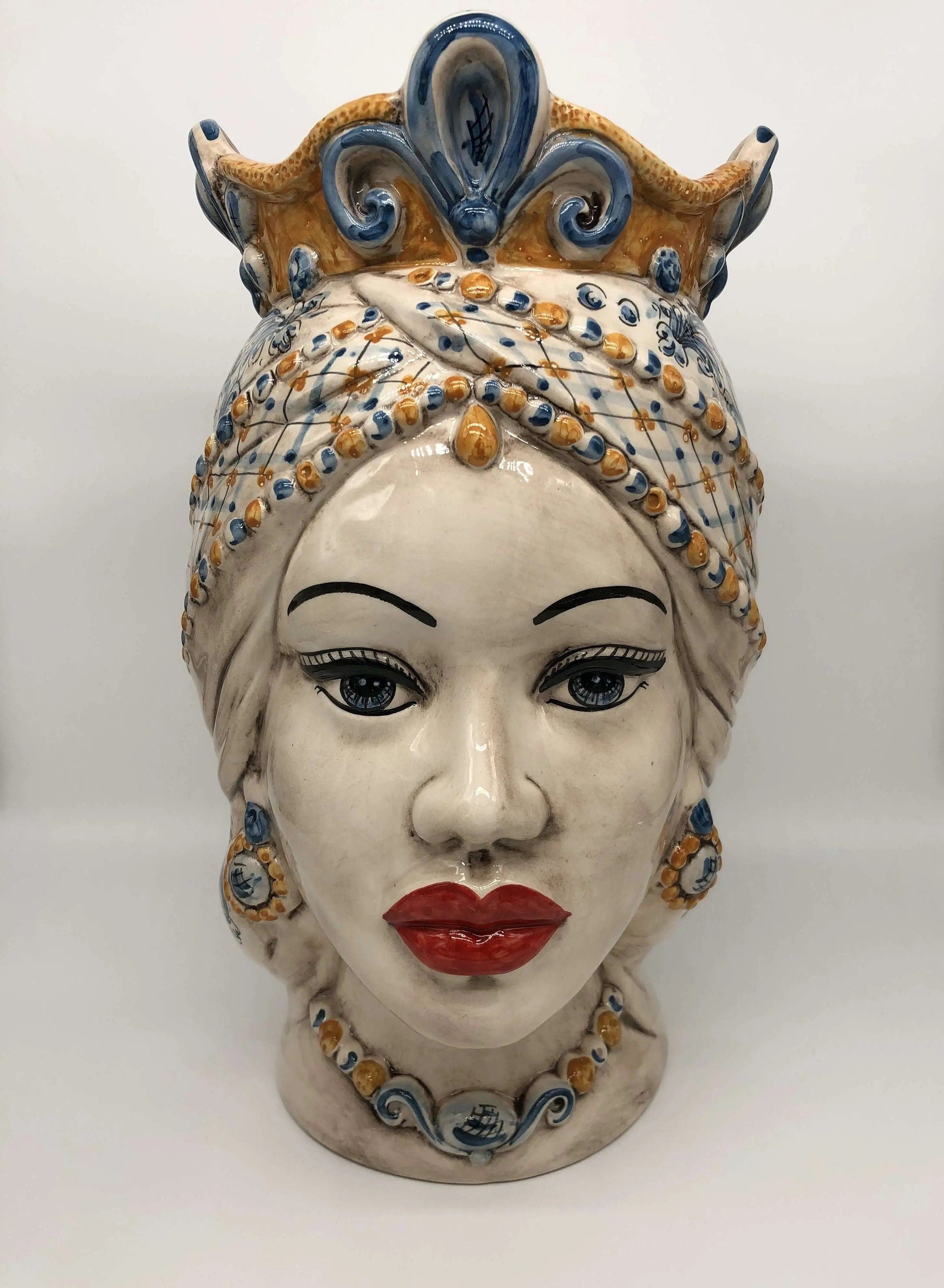 Teste di Moro Saturno Ceramica Caltagirone cm H.37 L.22 Artigianale Barocco Ocra Blu DD CERAMICHE SICILIANE