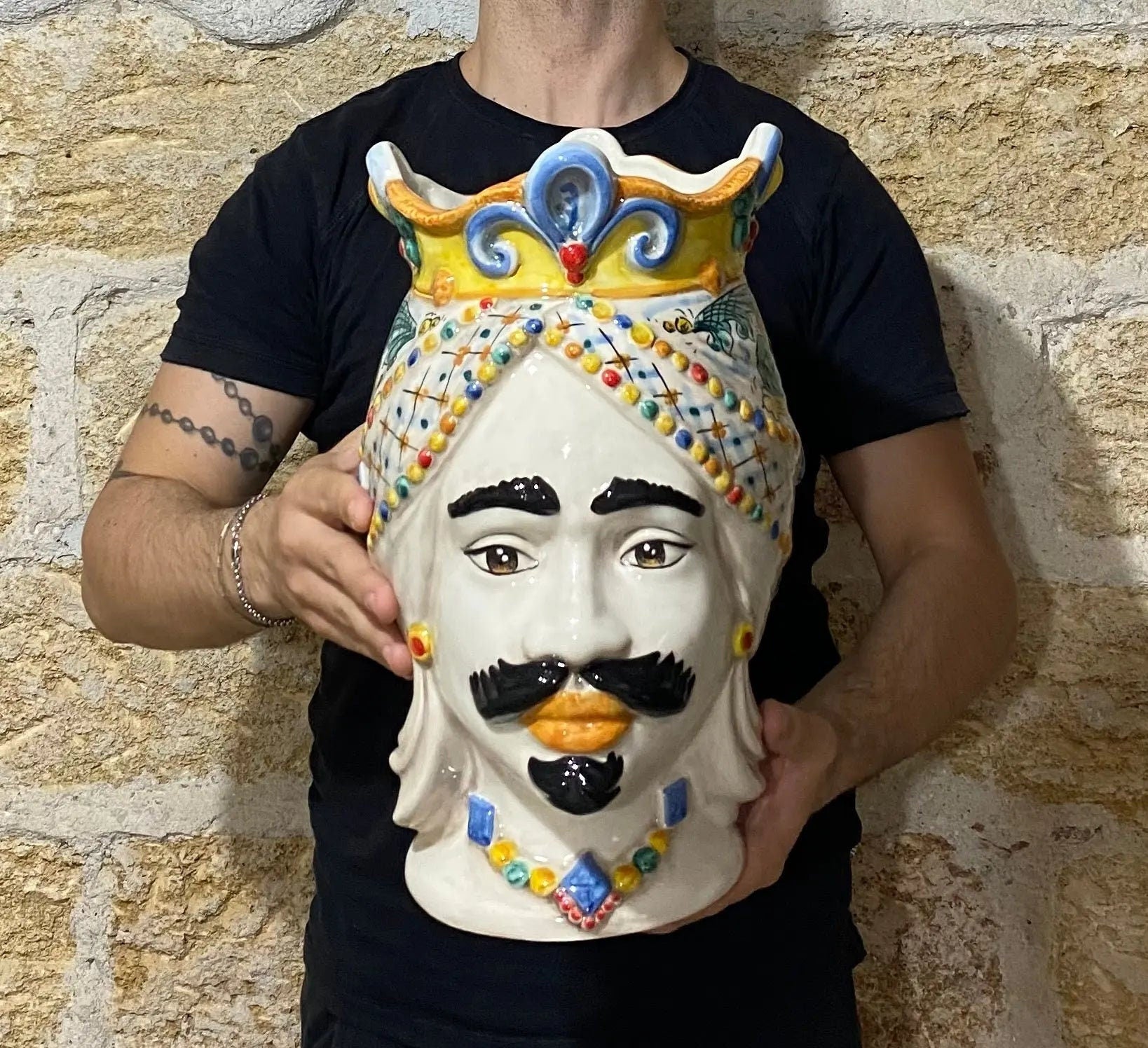 Teste di Moro Saturno Ceramica Caltagirone cm H.37 L.22 Artigianale Decoro Siciliano DD CERAMICHE SICILIANE