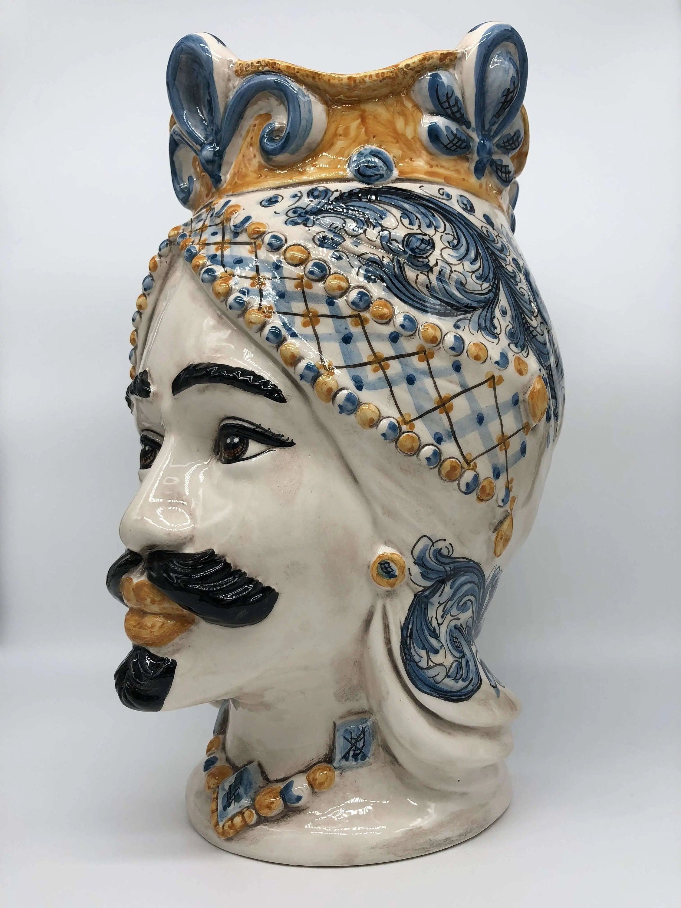 Teste di Moro Saturno Ceramica Caltagirone cm H.37 L.22 Artigianale Barocco Ocra Blu DD CERAMICHE SICILIANE