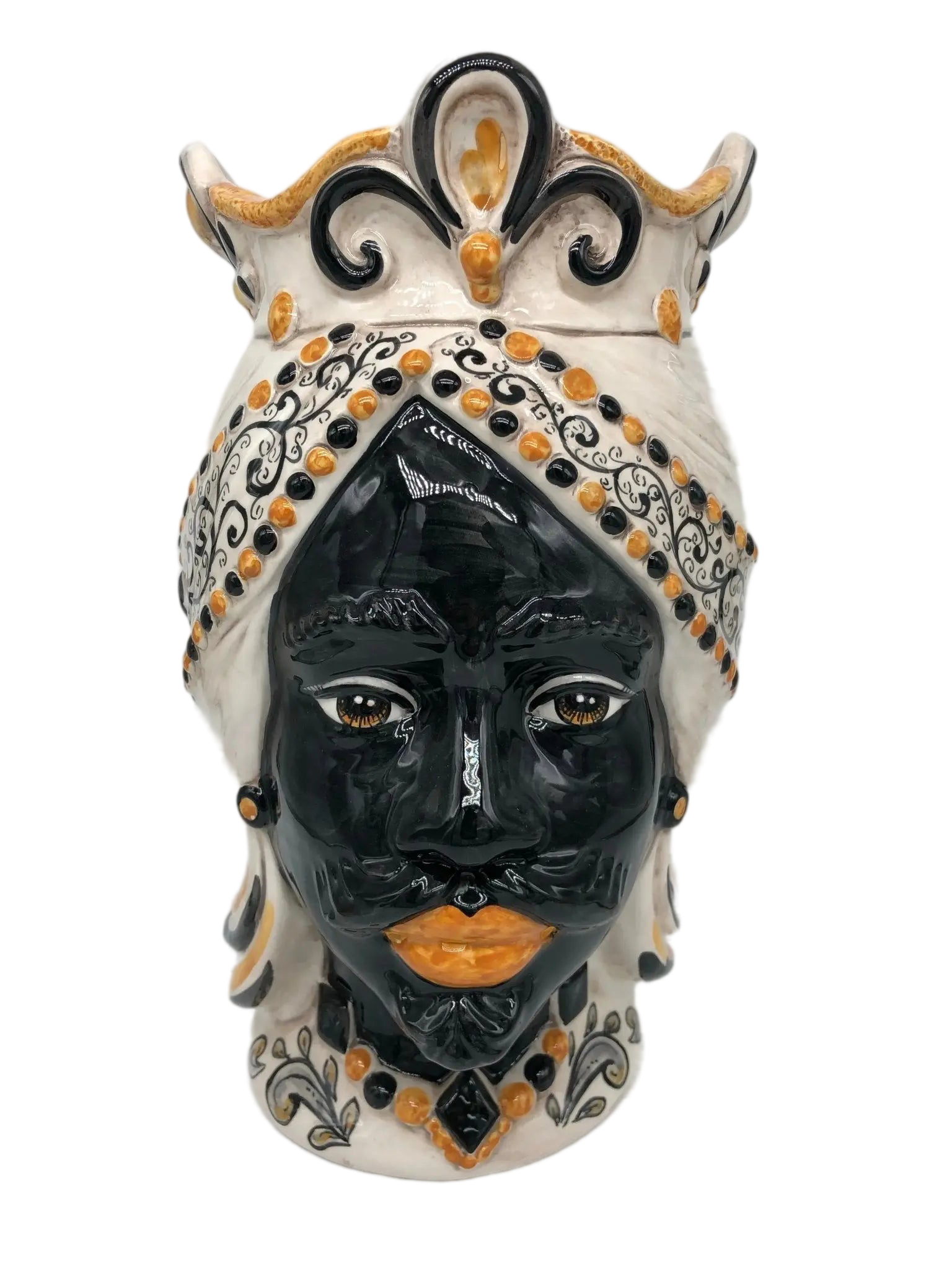 Teste di Moro Saturno Ceramica Caltagirone cm H.37 L.22 Artigianale Barocco Ocra Nero - DD CERAMICHE SICILIANE