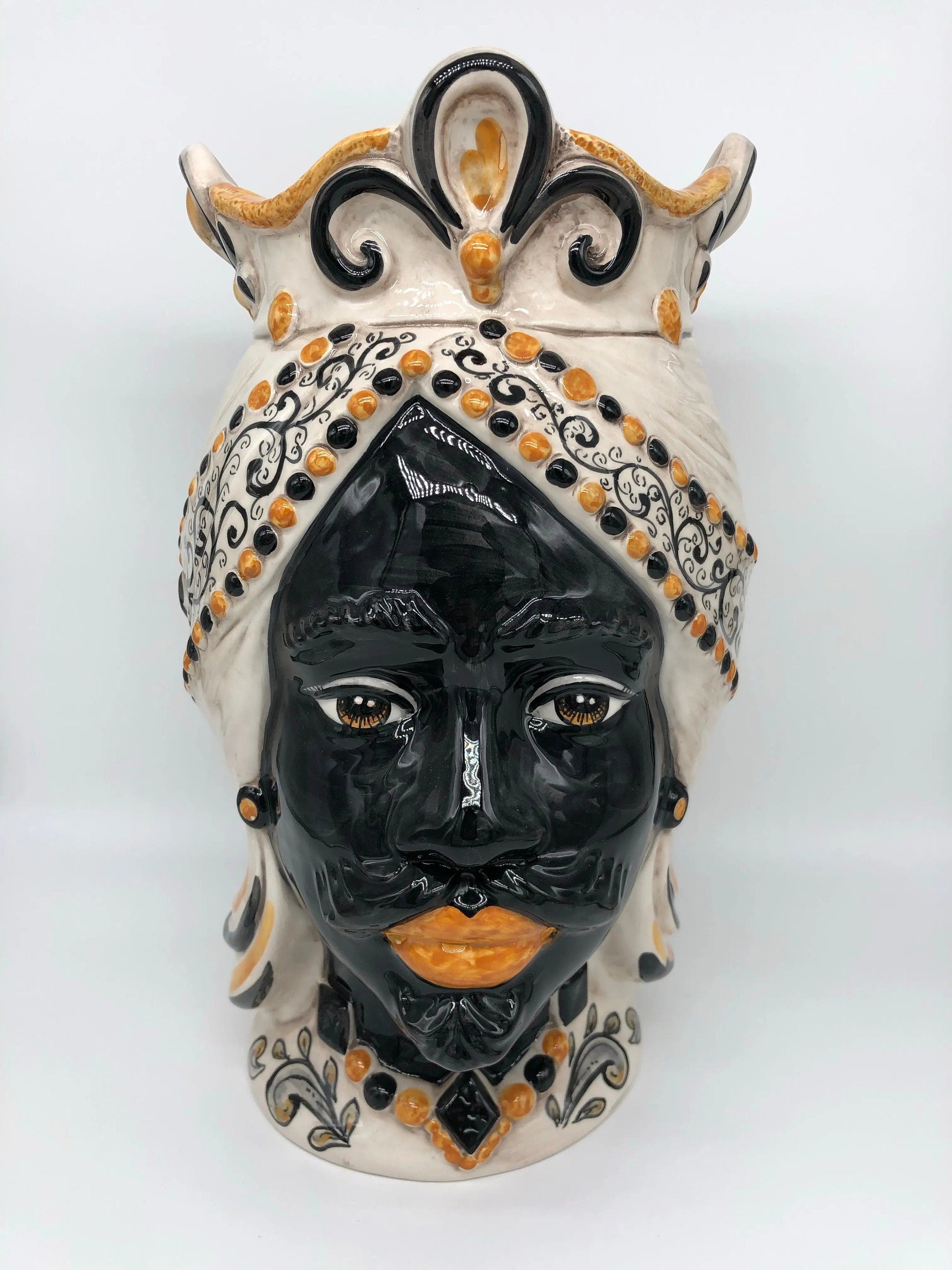 Teste di Moro Saturno Ceramica Caltagirone cm H.37 L.22 Artigianale Barocco Ocra Nero DD CERAMICHE SICILIANE