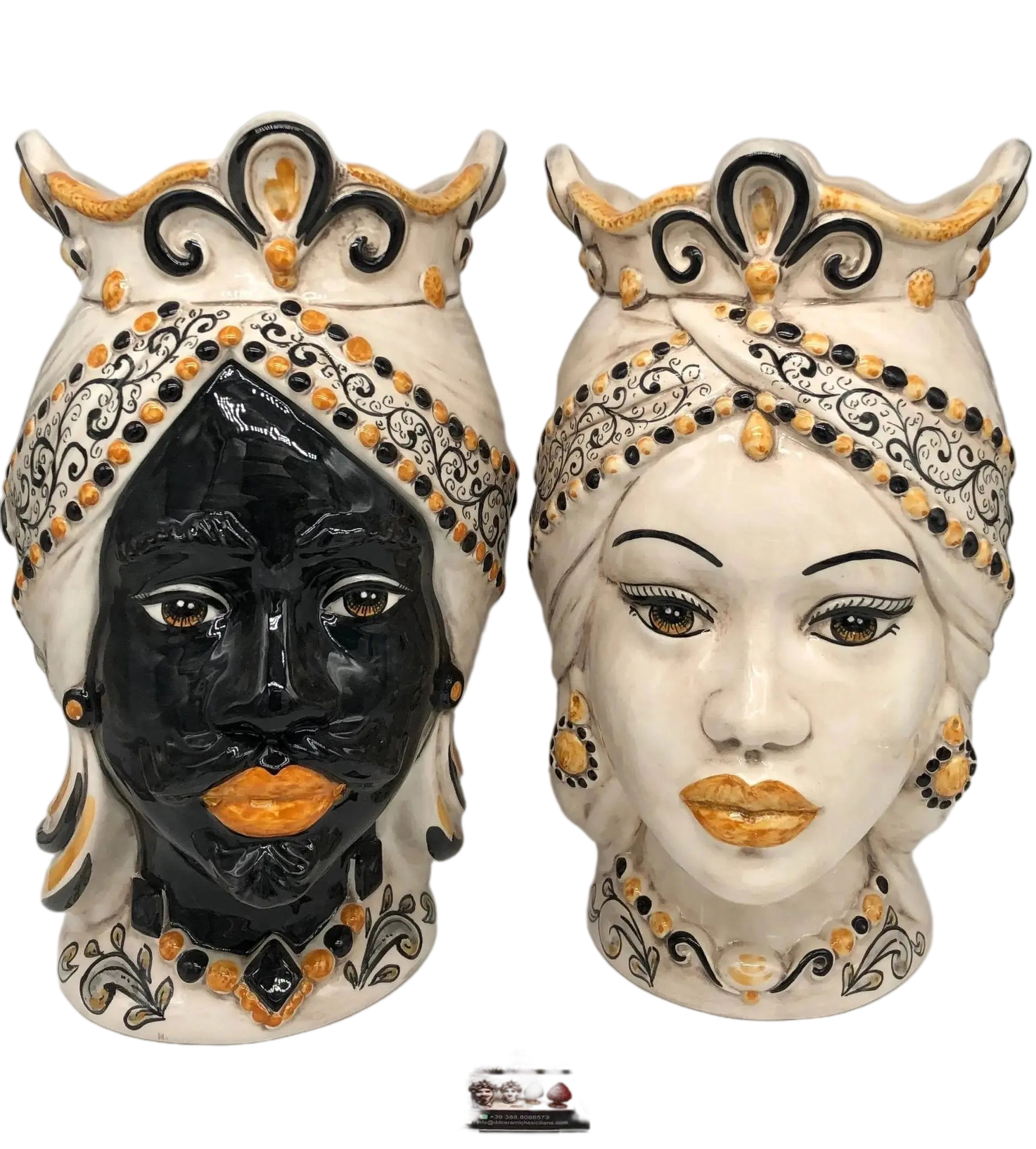 Teste di Moro Saturno Ceramica Caltagirone cm H.37 L.22 Artigianale Barocco Ocra Nero - DD CERAMICHE SICILIANE