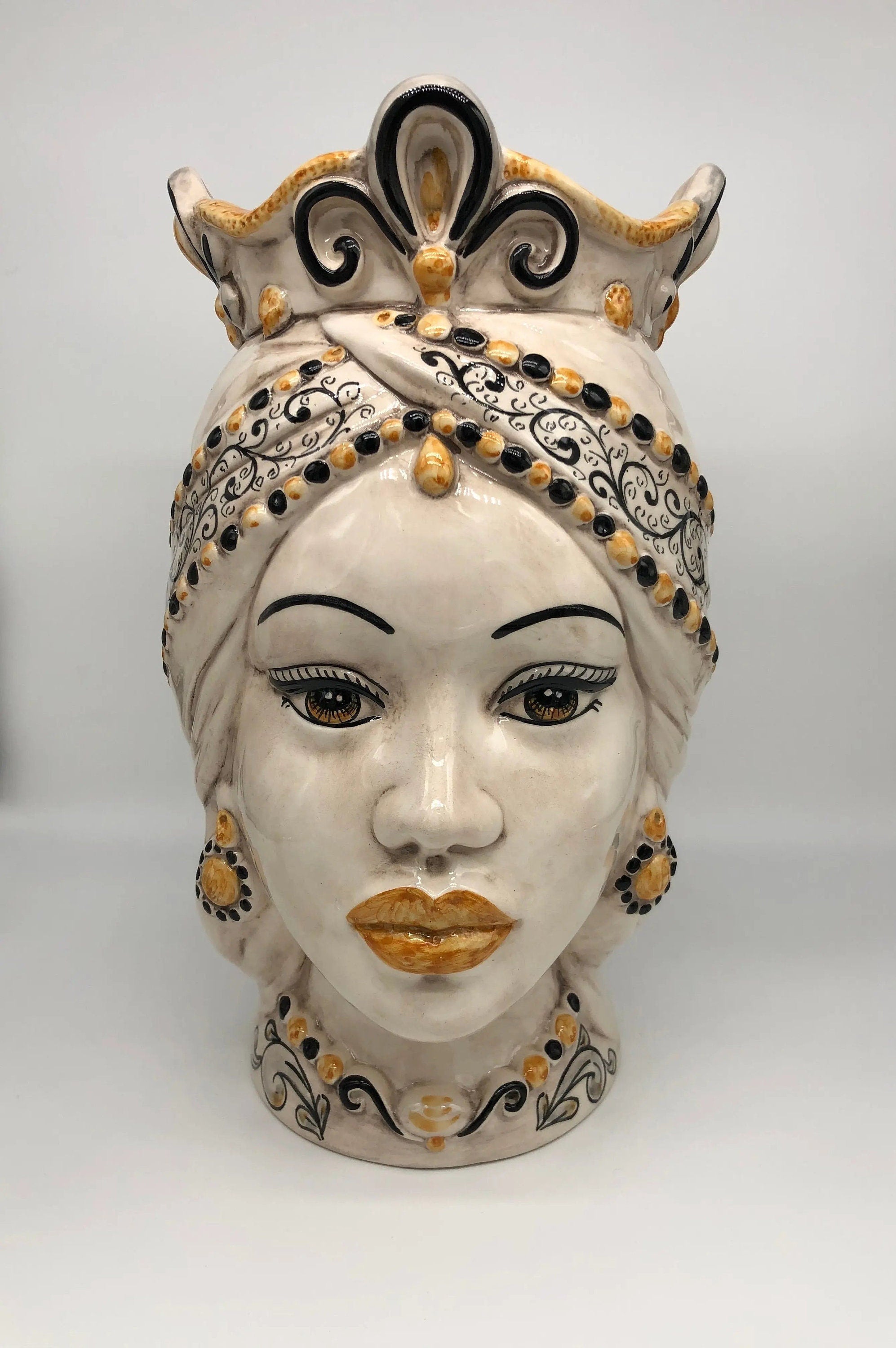 Teste di Moro Saturno Ceramica Caltagirone cm H.37 L.22 Artigianale Barocco Ocra Nero DD CERAMICHE SICILIANE