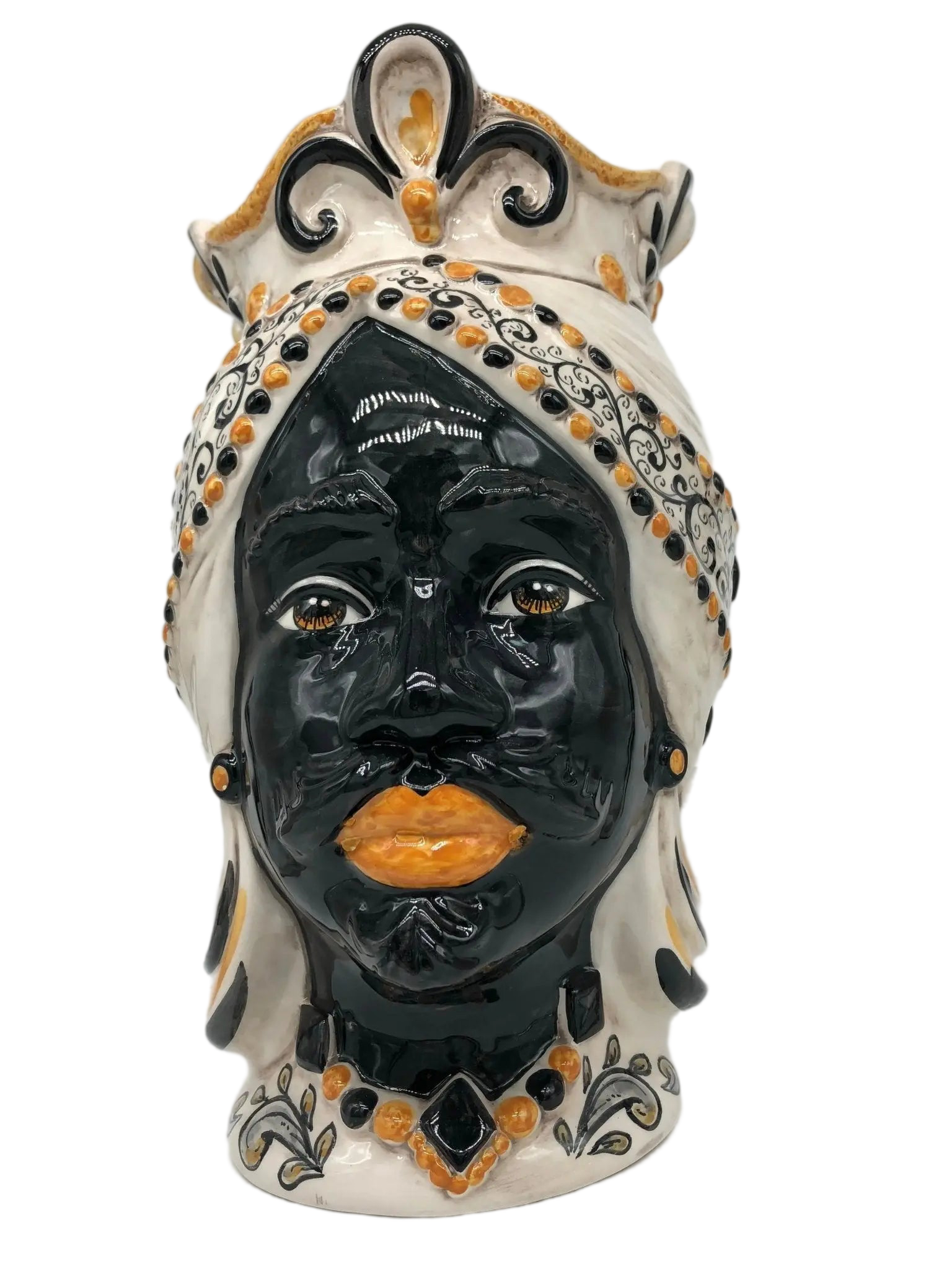 Teste di Moro Saturno Ceramica Caltagirone cm H.37 L.22 Artigianale Barocco Ocra Nero - DD CERAMICHE SICILIANE