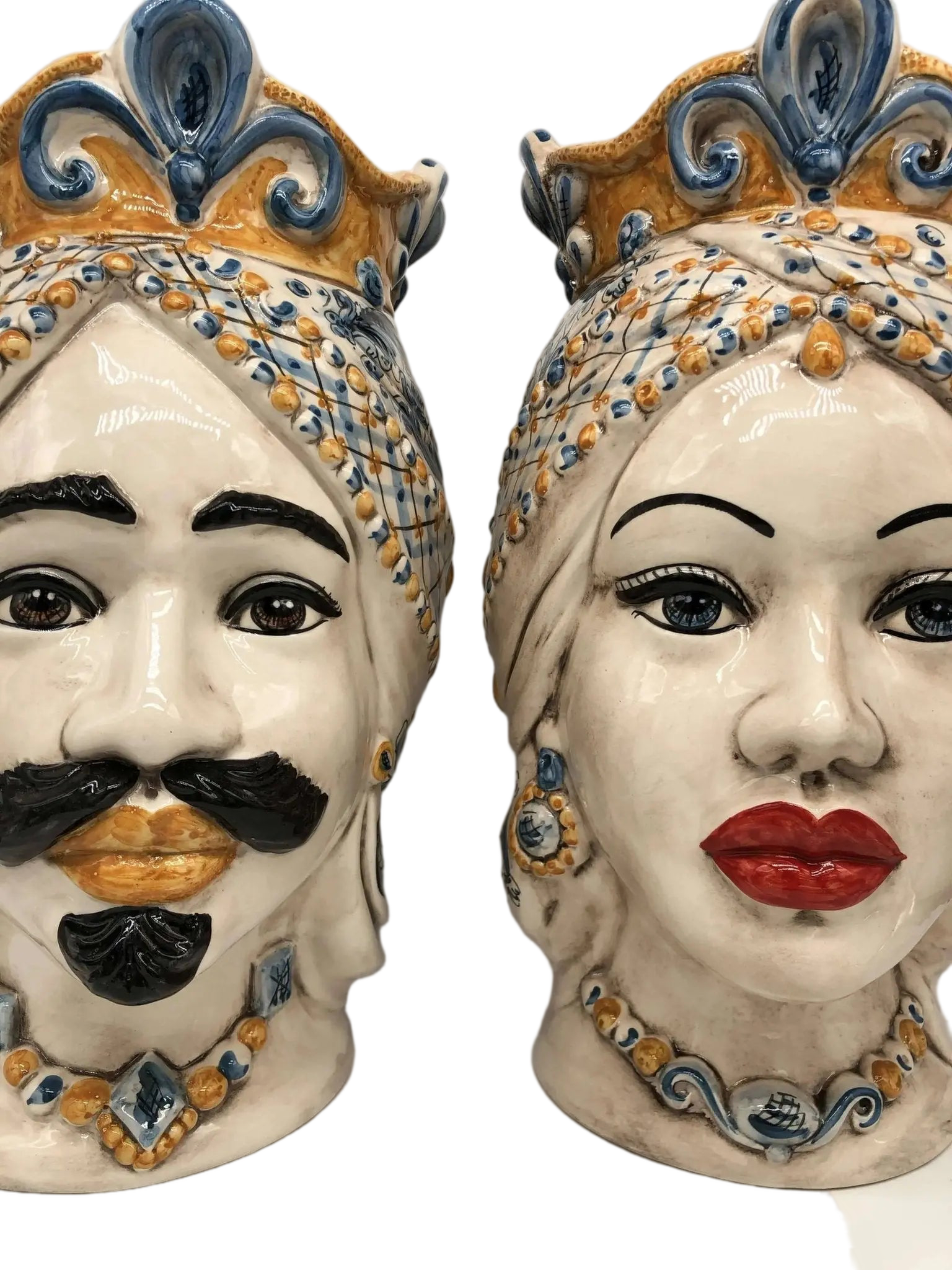 Teste di Moro Saturno Ceramica Caltagirone cm H.37 L.22 Artigianale Barocco Ocra Blu - DD CERAMICHE SICILIANE
