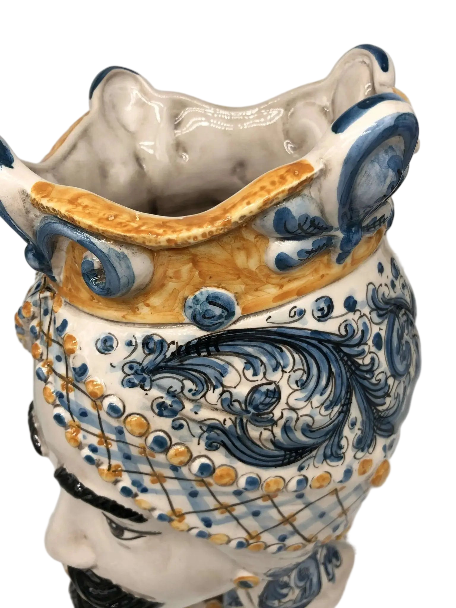 Teste di Moro Saturno Ceramica Caltagirone cm H.37 L.22 Artigianale Barocco Ocra Blu - DD CERAMICHE SICILIANE
