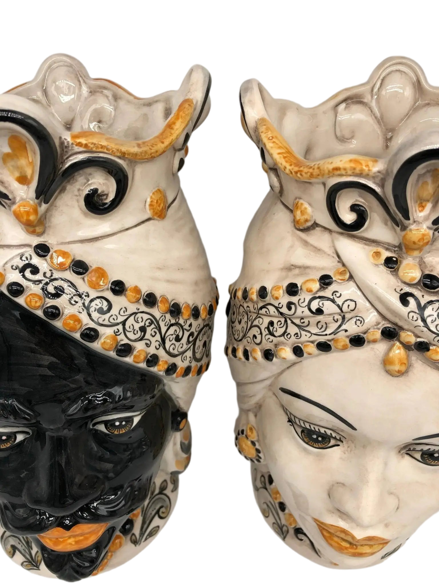 Teste di Moro Saturno Ceramica Caltagirone cm H.37 L.22 Artigianale Barocco Ocra Nero - DD CERAMICHE SICILIANE
