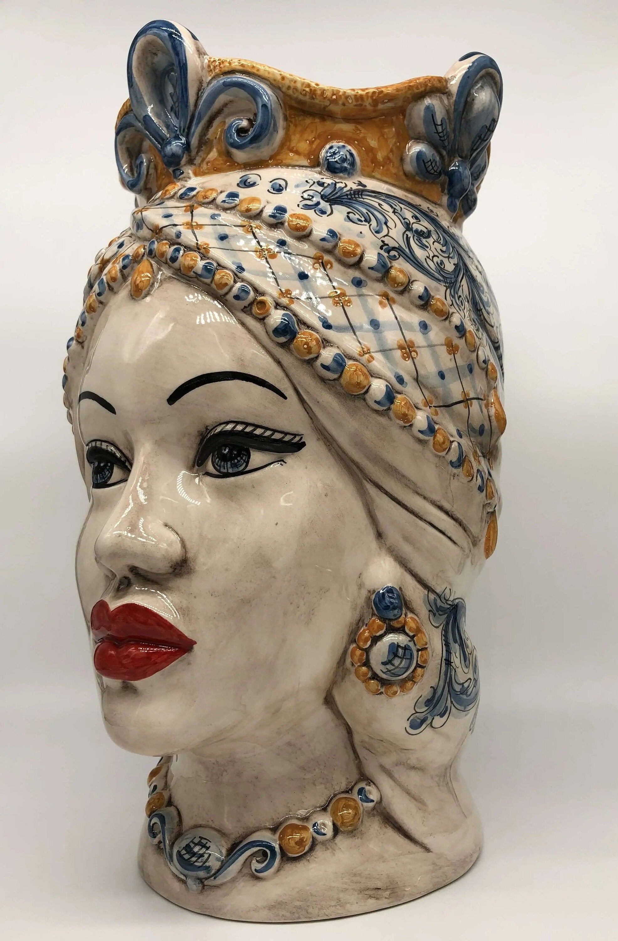 Teste di Moro Saturno Ceramica Caltagirone cm H.37 L.22 Artigianale Barocco Ocra Blu DD CERAMICHE SICILIANE