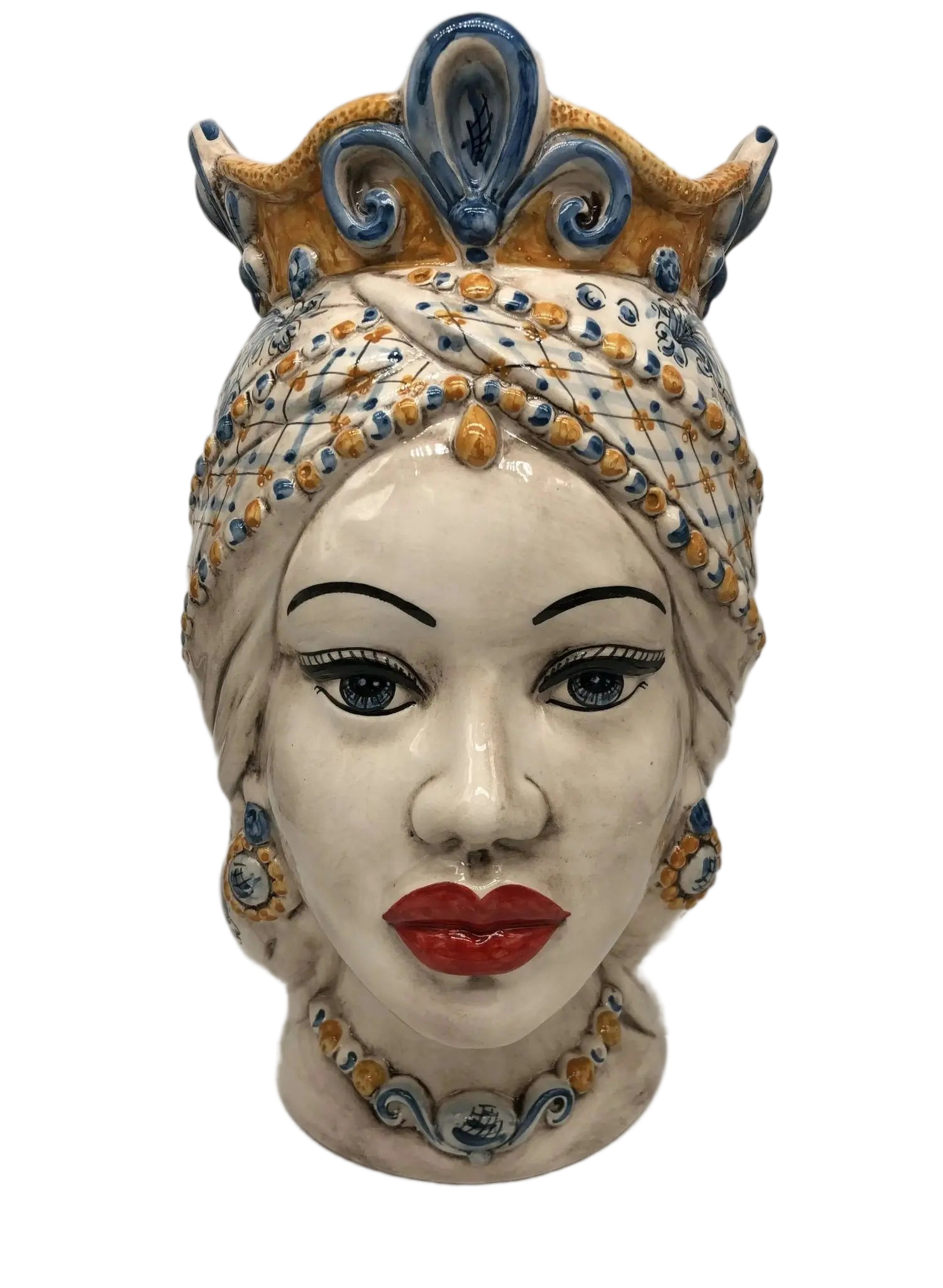 Teste di Moro Saturno Ceramica Caltagirone cm H.37 L.22 Artigianale Barocco Ocra Blu - DD CERAMICHE SICILIANE