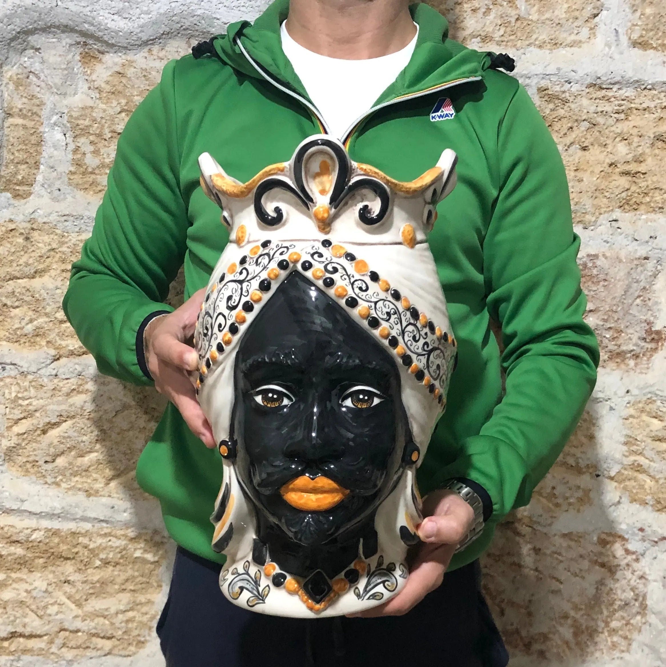 Teste di Moro Saturno Ceramica Caltagirone cm H.37 L.22 Artigianale Barocco Ocra Nero DD CERAMICHE SICILIANE