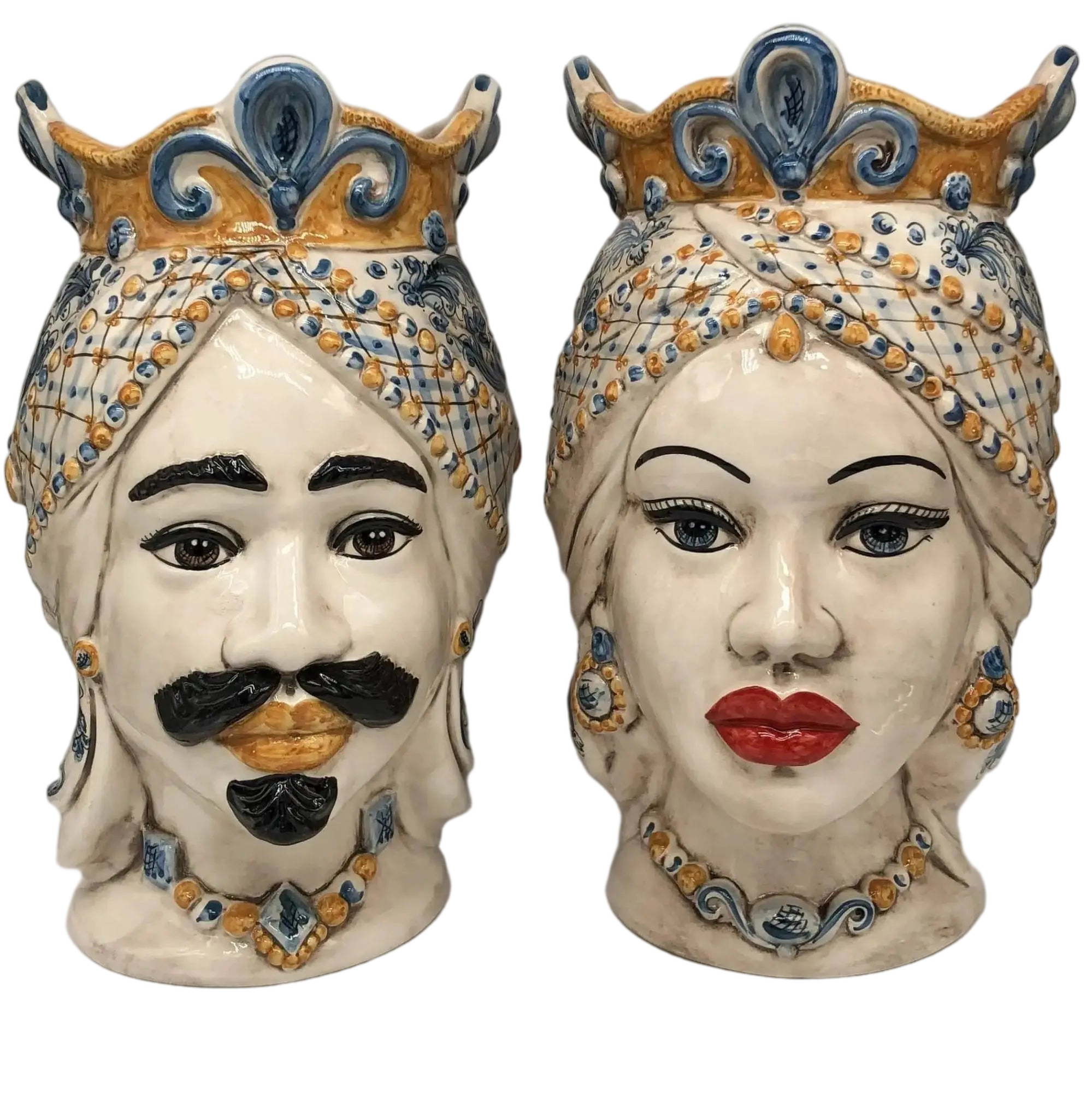 Teste di Moro Saturno Ceramica Caltagirone cm H.37 L.22 Artigianale Barocco Ocra Blu - DD CERAMICHE SICILIANE