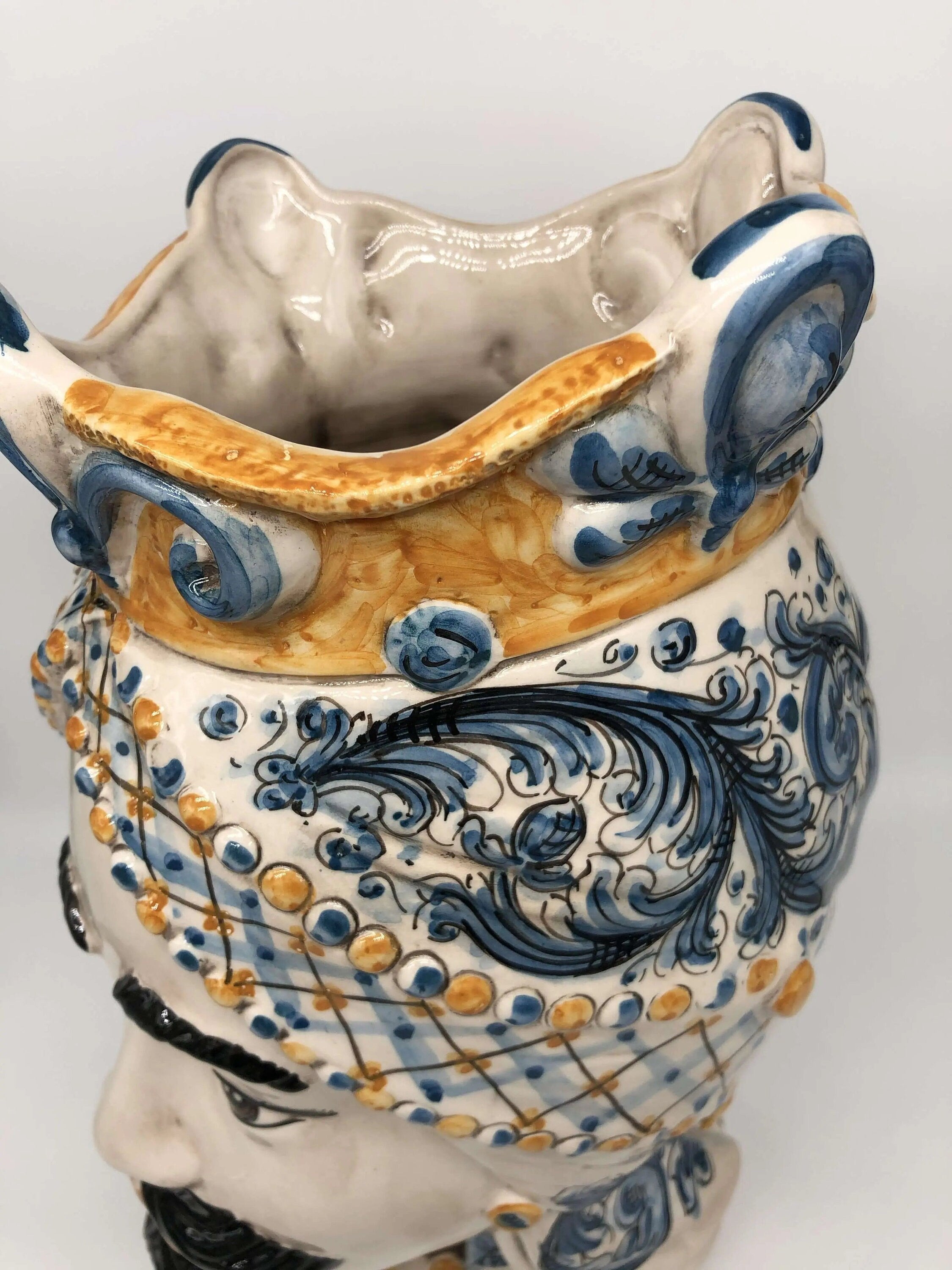 Teste di Moro Saturno Ceramica Caltagirone cm H.37 L.22 Artigianale Barocco Ocra Blu DD CERAMICHE SICILIANE