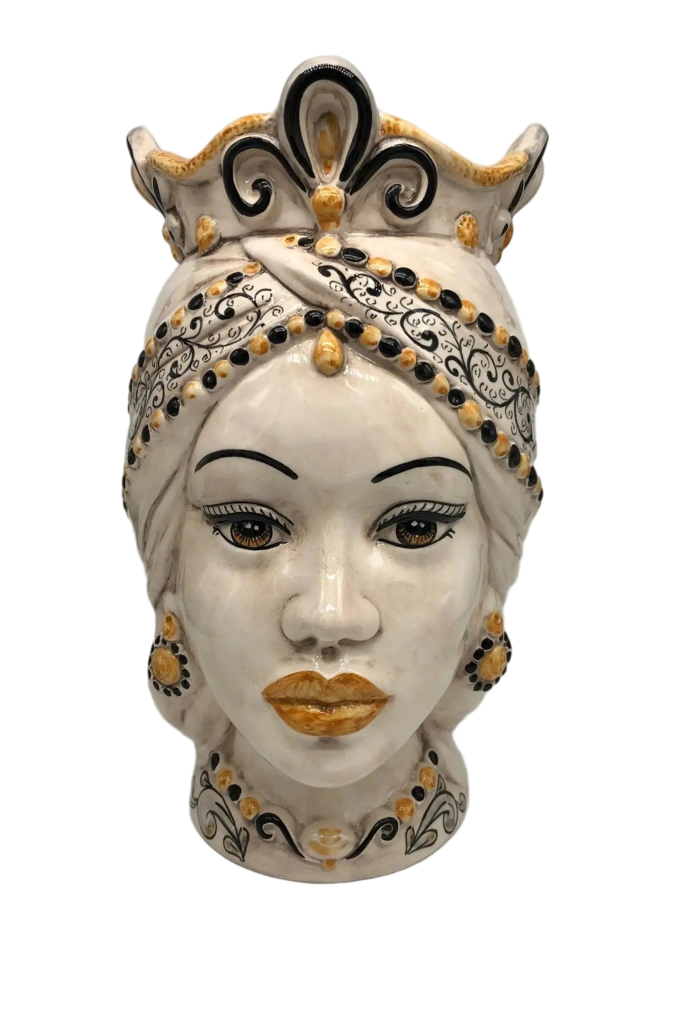 Teste di Moro Saturno Ceramica Caltagirone cm H.37 L.22 Artigianale Barocco Ocra Nero - DD CERAMICHE SICILIANE