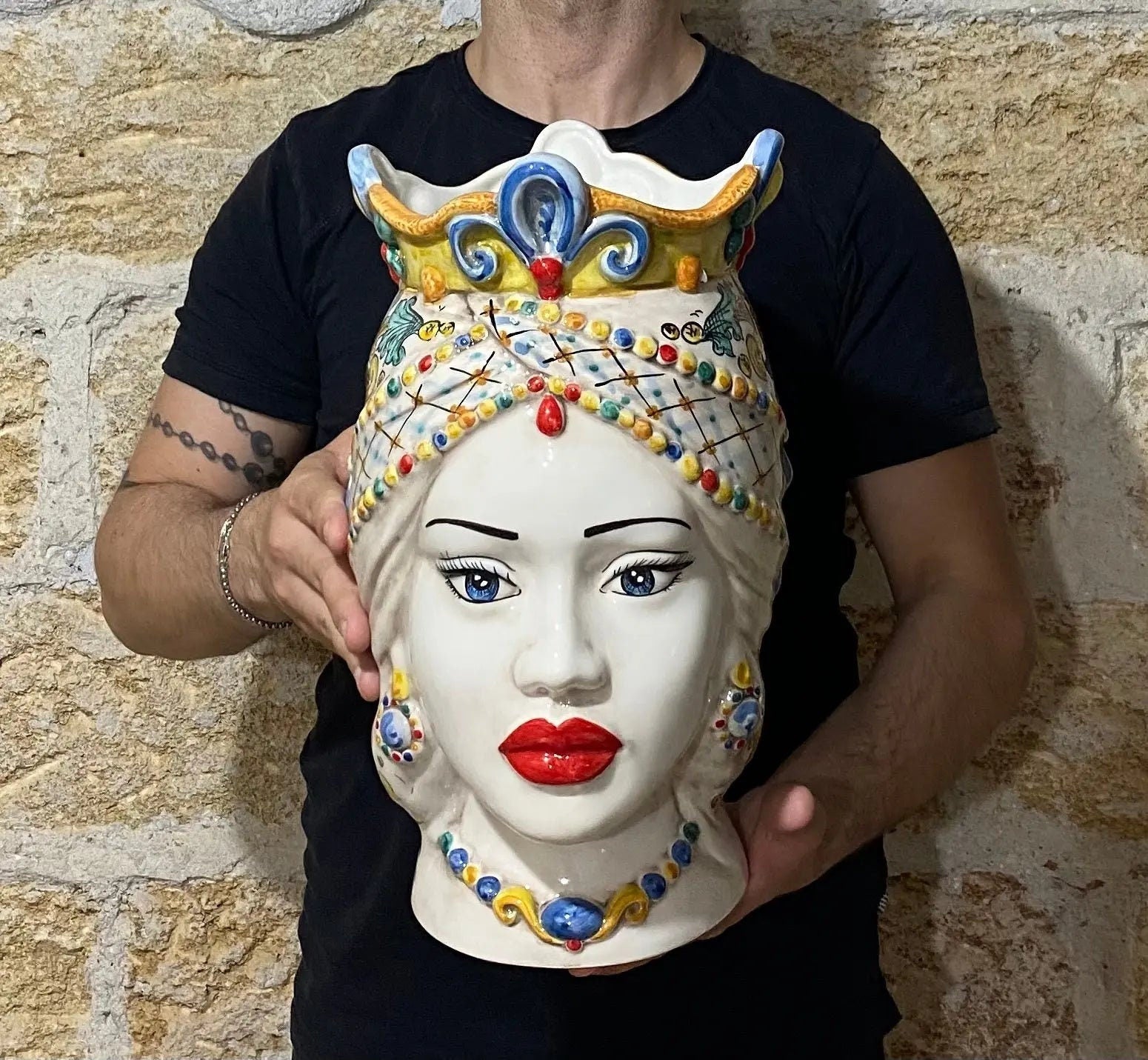 Teste di Moro Saturno Ceramica Caltagirone cm H.37 L.22 Artigianale Decoro Siciliano DD CERAMICHE SICILIANE