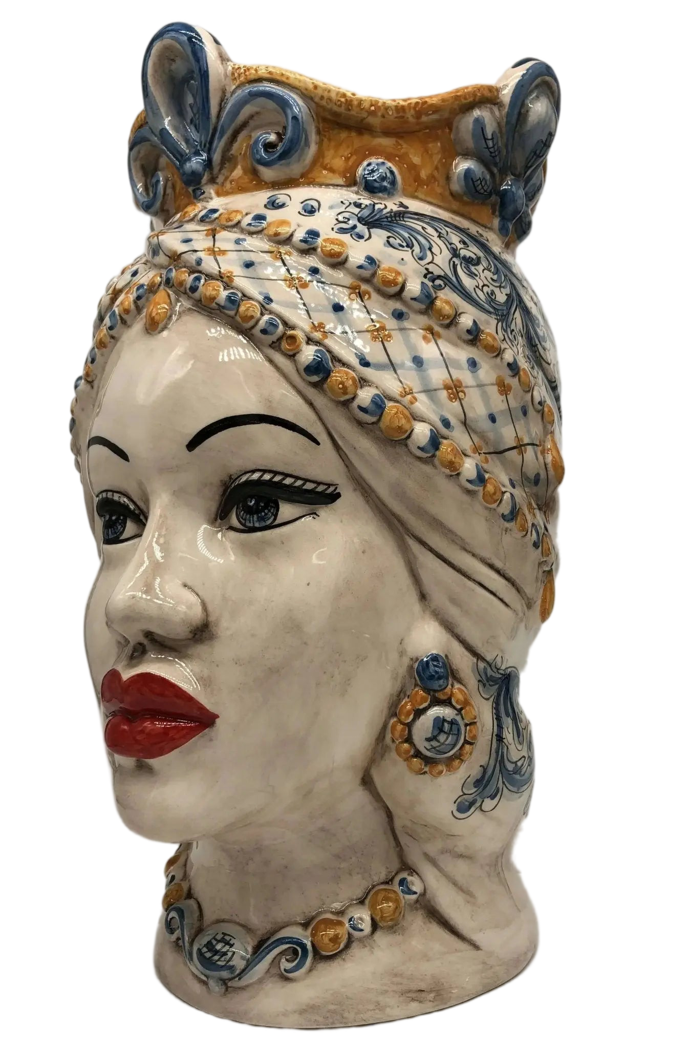 Teste di Moro Saturno Ceramica Caltagirone cm H.37 L.22 Artigianale Barocco Ocra Blu - DD CERAMICHE SICILIANE