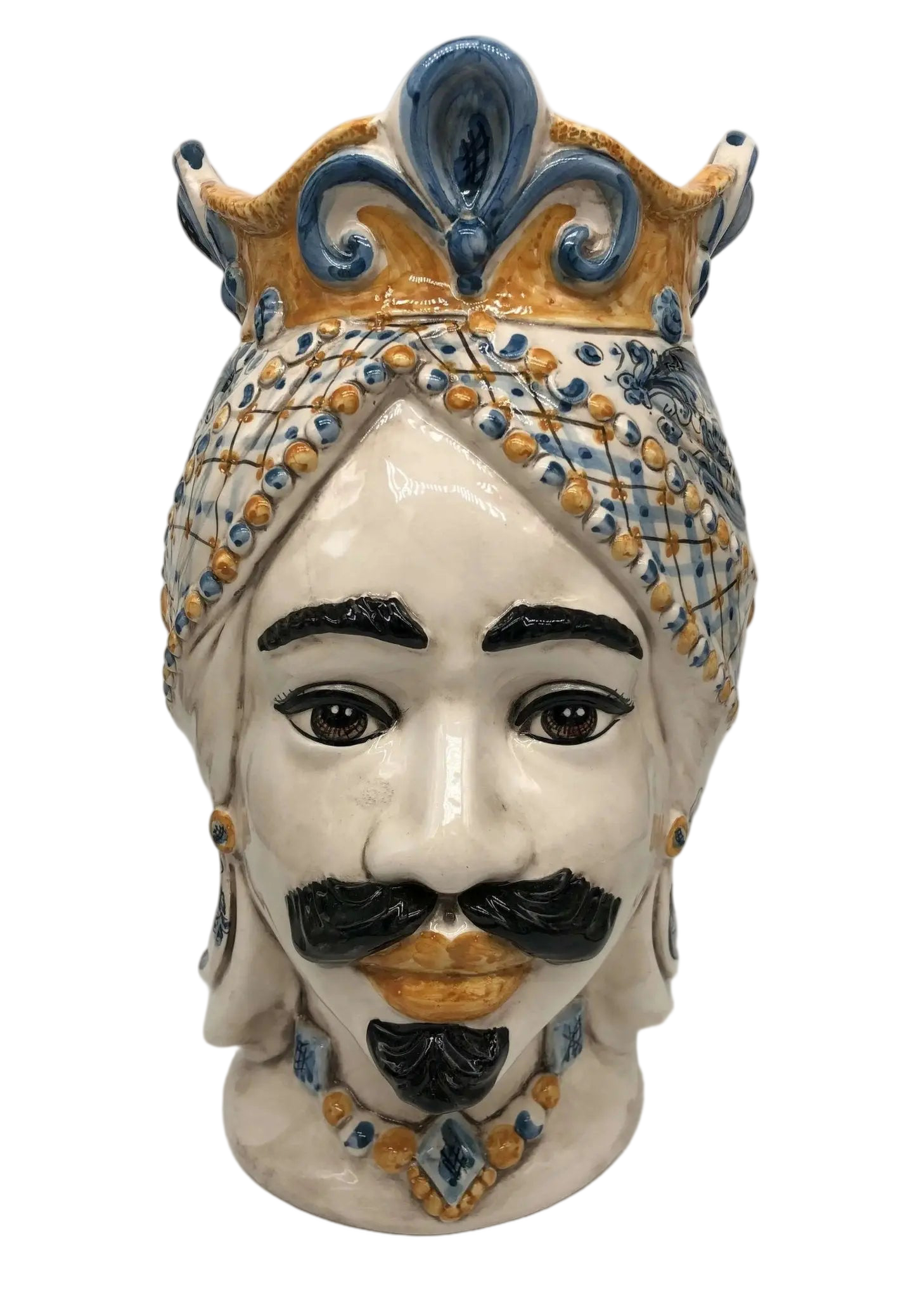 Teste di Moro Saturno Ceramica Caltagirone cm H.37 L.22 Artigianale Barocco Ocra Blu - DD CERAMICHE SICILIANE